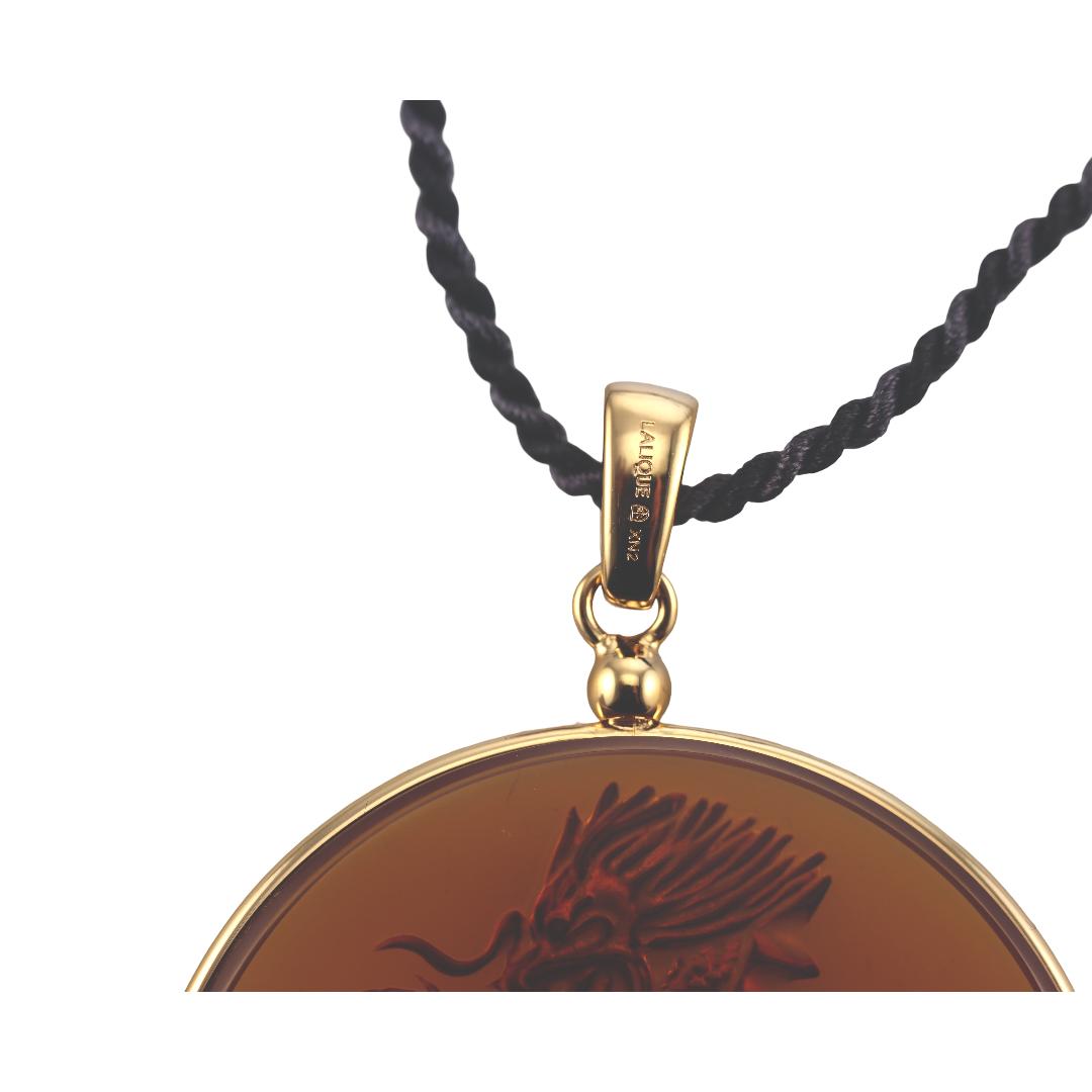 Lalique Dragon Amber Crystal Gold Plated Tassel Pendant Necklace 10791500