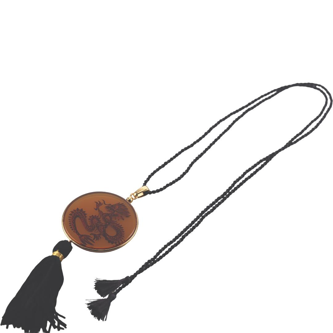 Lalique Dragon Amber Crystal Gold Plated Tassel Pendant Necklace 10791500