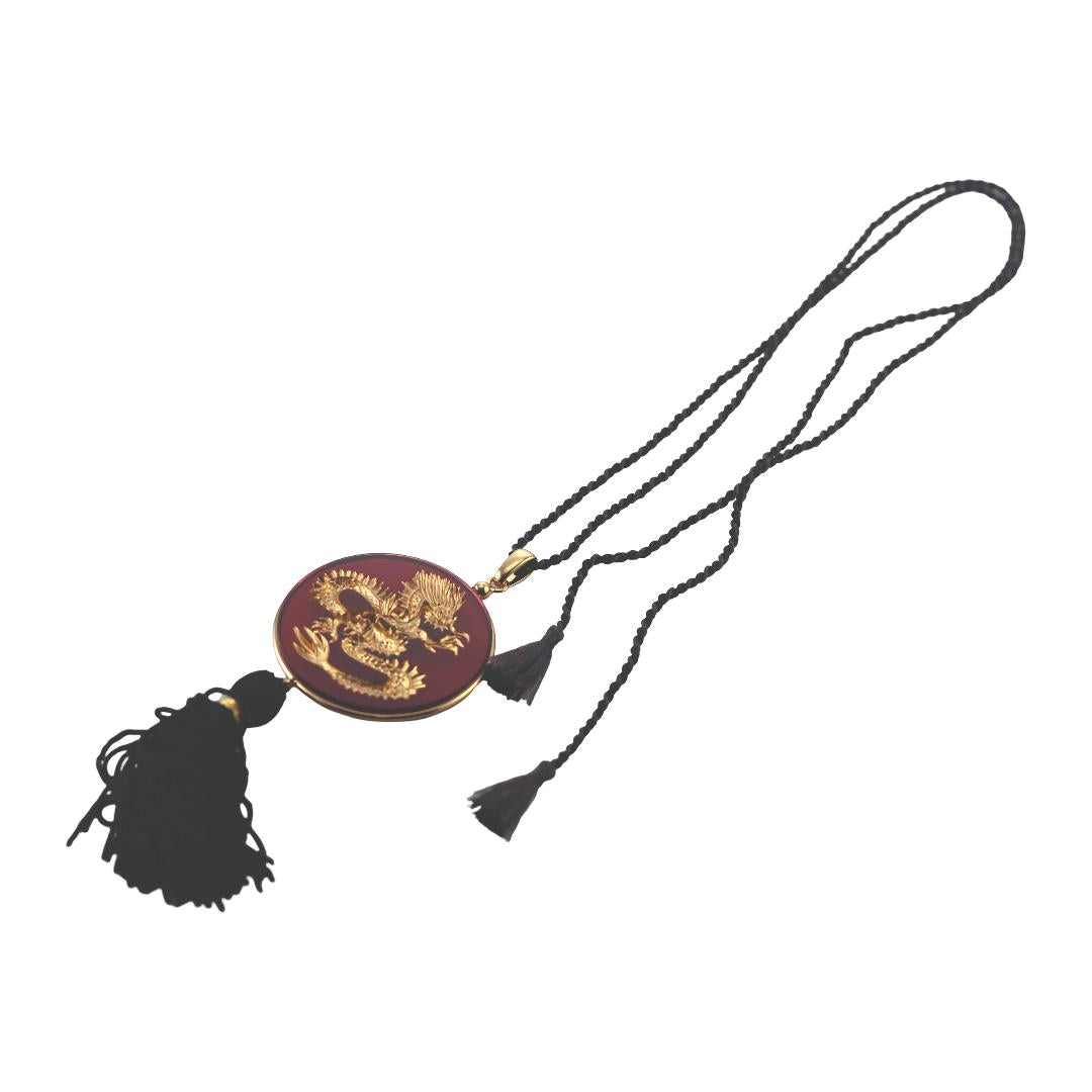 Lalique Dragon Red Crystal Gold Plated Tassel Pendant Necklace 10791400