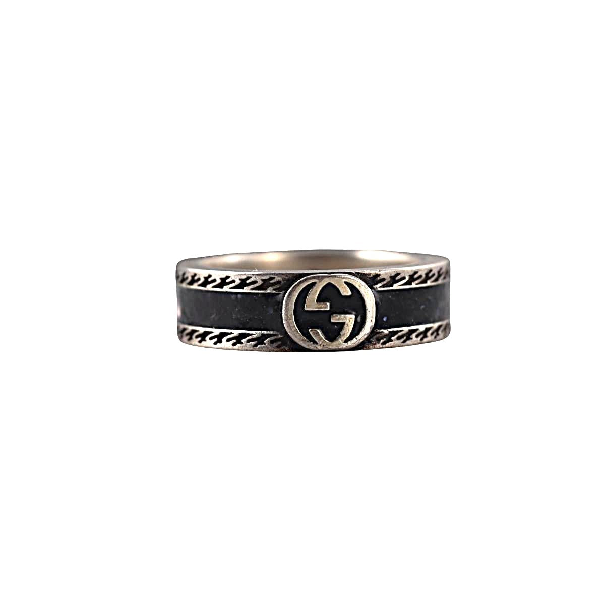 Gucci GG Interlocking Sterling Silver Black Enamel 6mm Band Ring