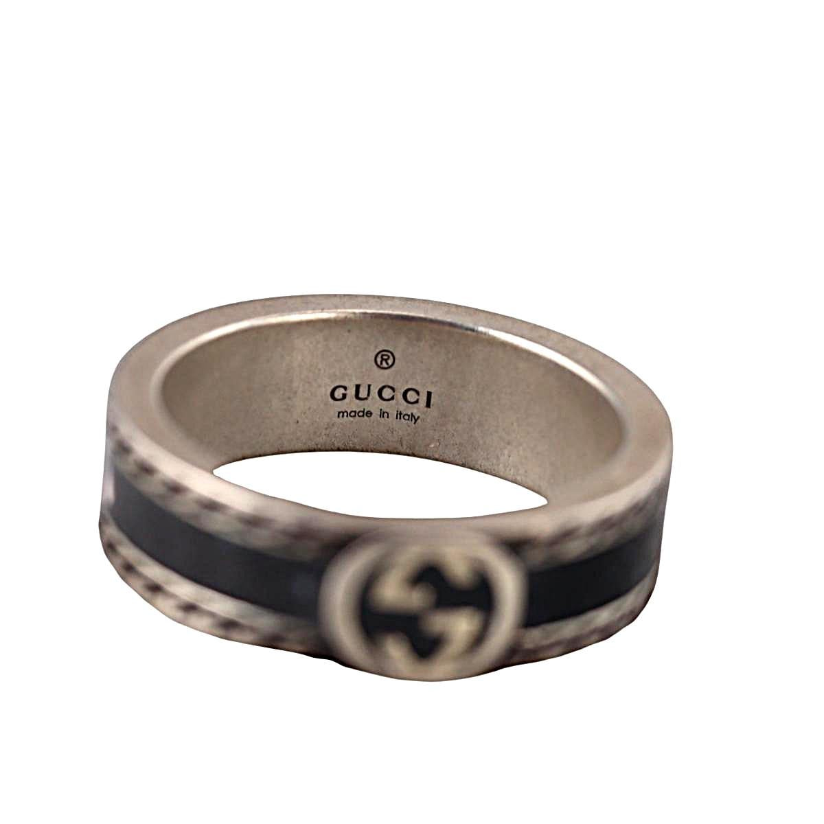 Gucci GG Interlocking Sterling Silver Black Enamel 6mm Band Ring