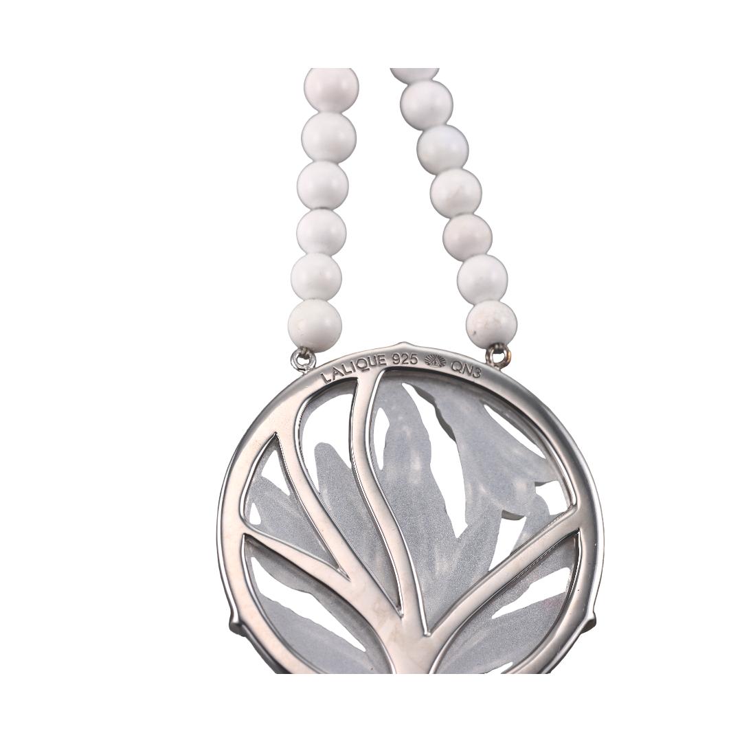 Lalique Fleur Neige Clear Crystal White Agate Silver Necklace 10609800
