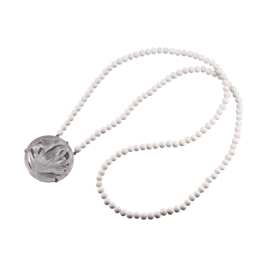 Lalique Fleur Neige Clear Crystal White Agate Silver Necklace 10609800