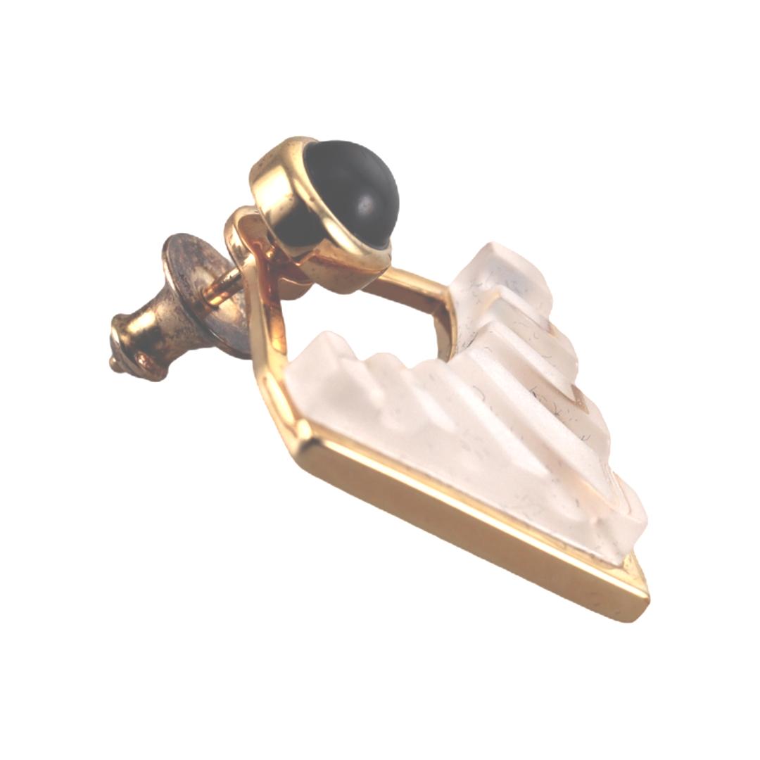 Lalique 1925 Clear Crystal Onyx Gold Plated Earrings