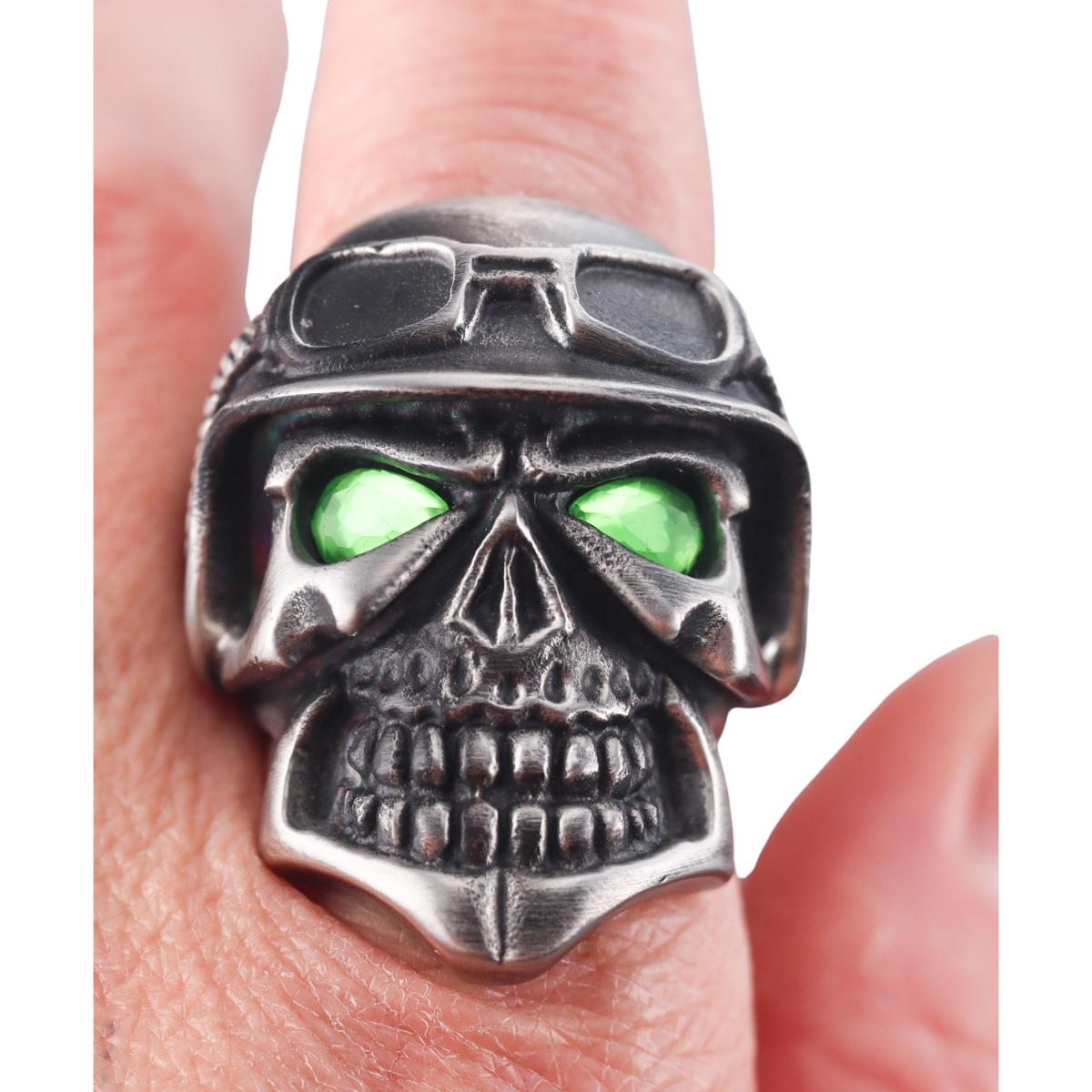 Skull Bomberg Skully Rider Stainless Steel Green Crystal Ring