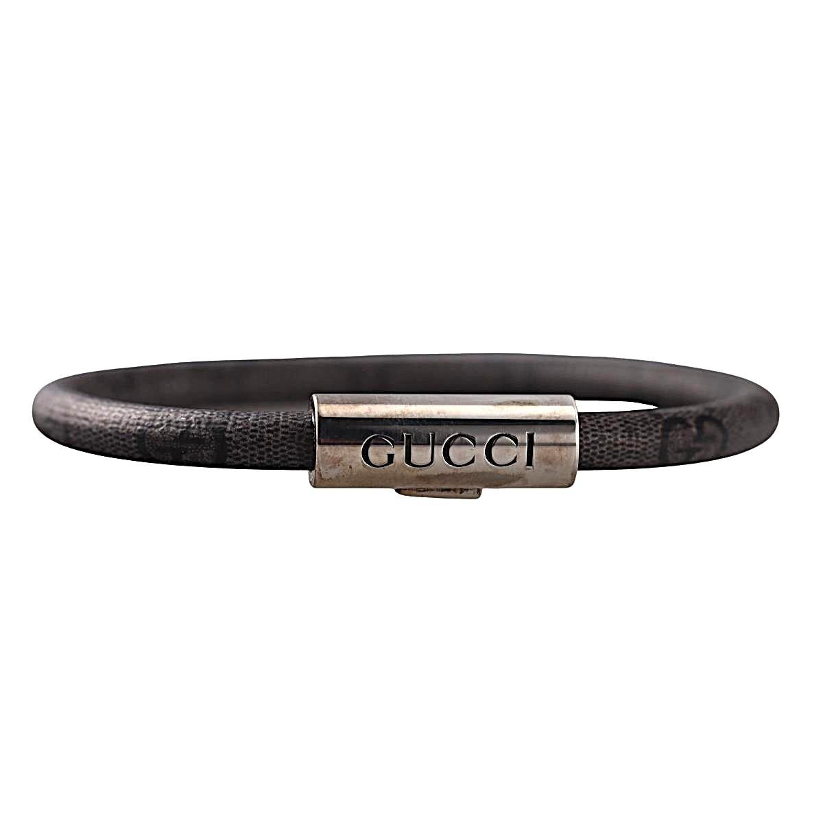 Gucci Trademark Sterling Silver Grey Canvas Bracelet Size 17