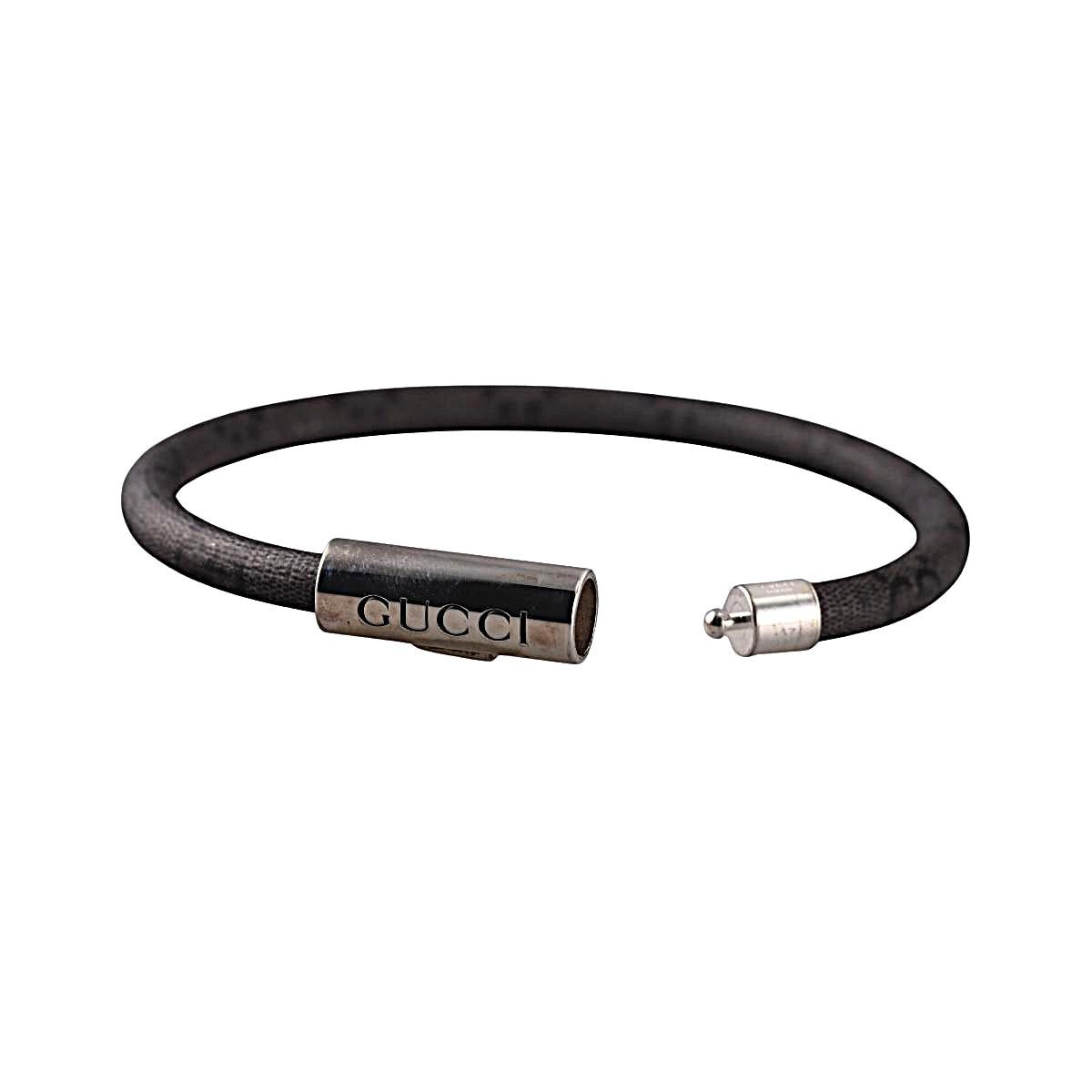 Gucci Trademark Sterling Silver Grey Canvas Bracelet Size 17