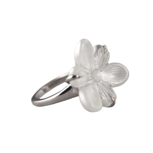 Lalique Fleur Neiges Clear Crystal Flower Sterling Silver Ring 10610300
