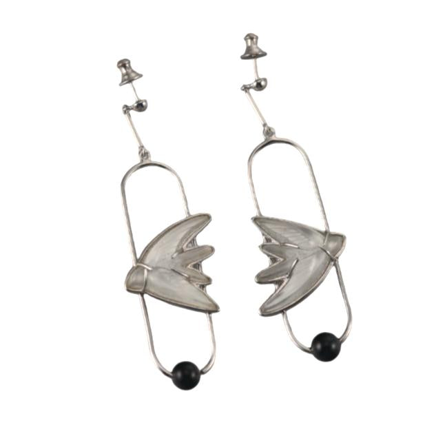 Lalique Hirondelles Swallows Sterling Silver Crystal Onyx Earrings 10628400