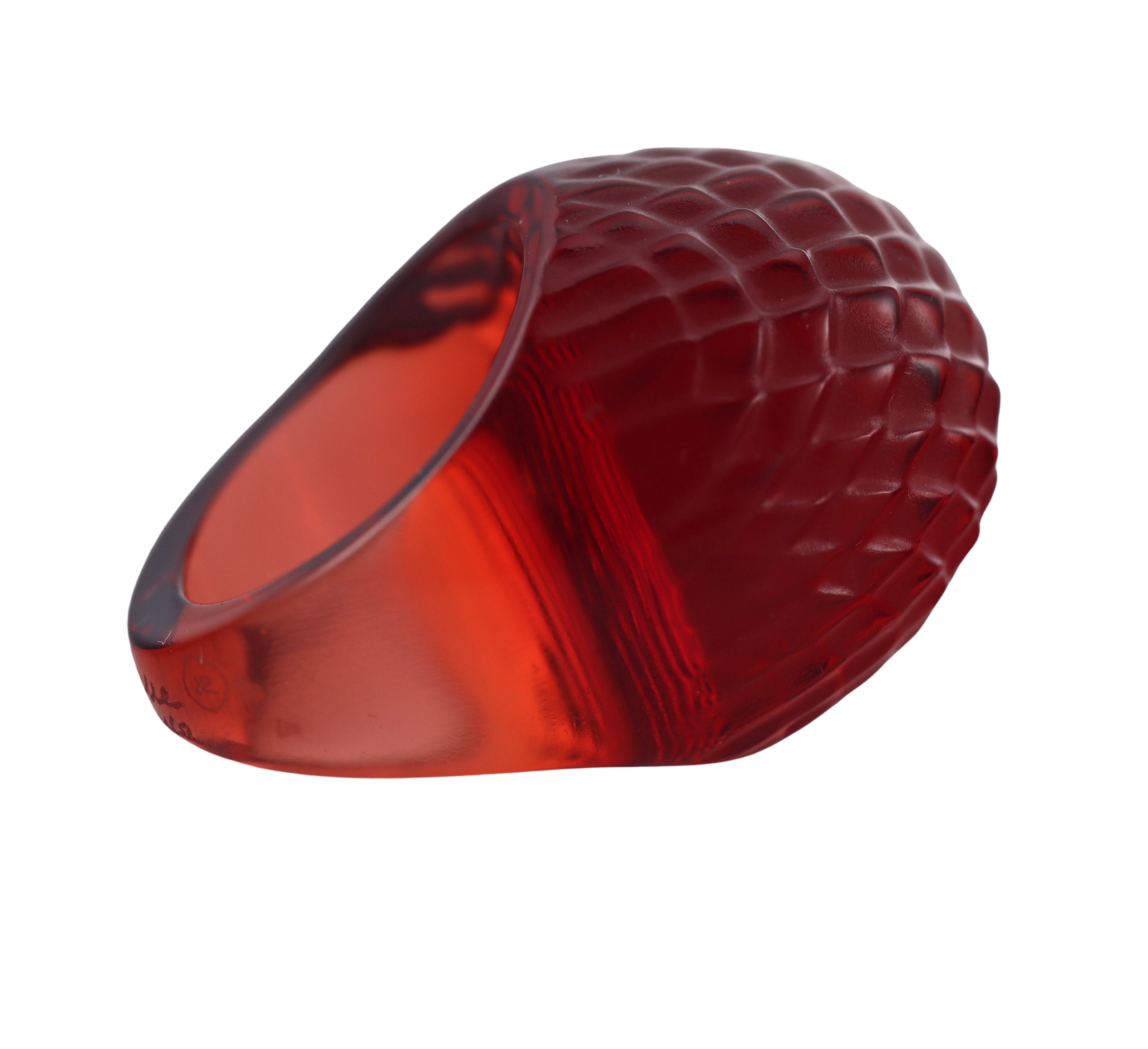 Lalique Red Carved Crystal Dome Ring 040525