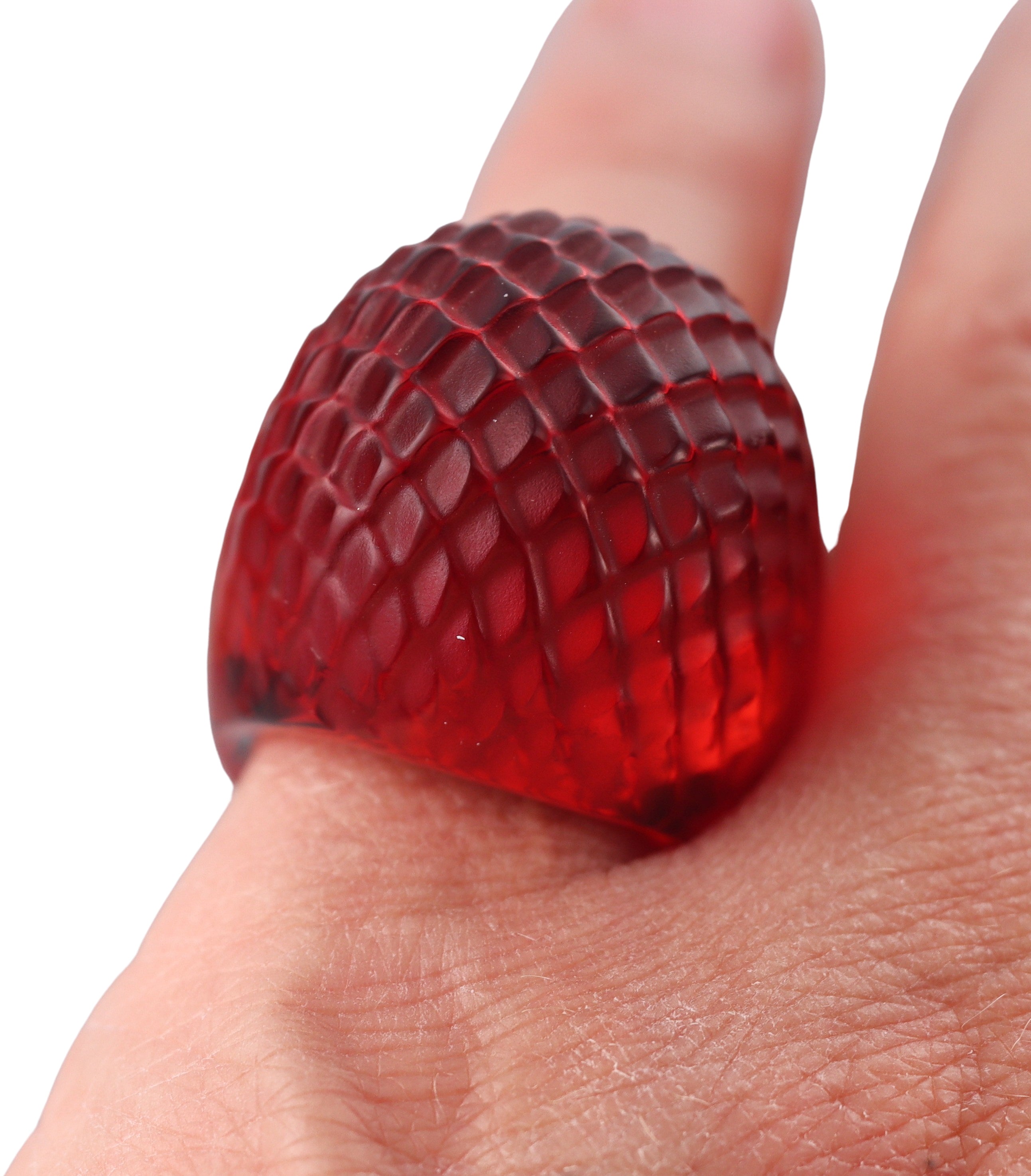 Lalique Red Carved Crystal Dome Ring 040525