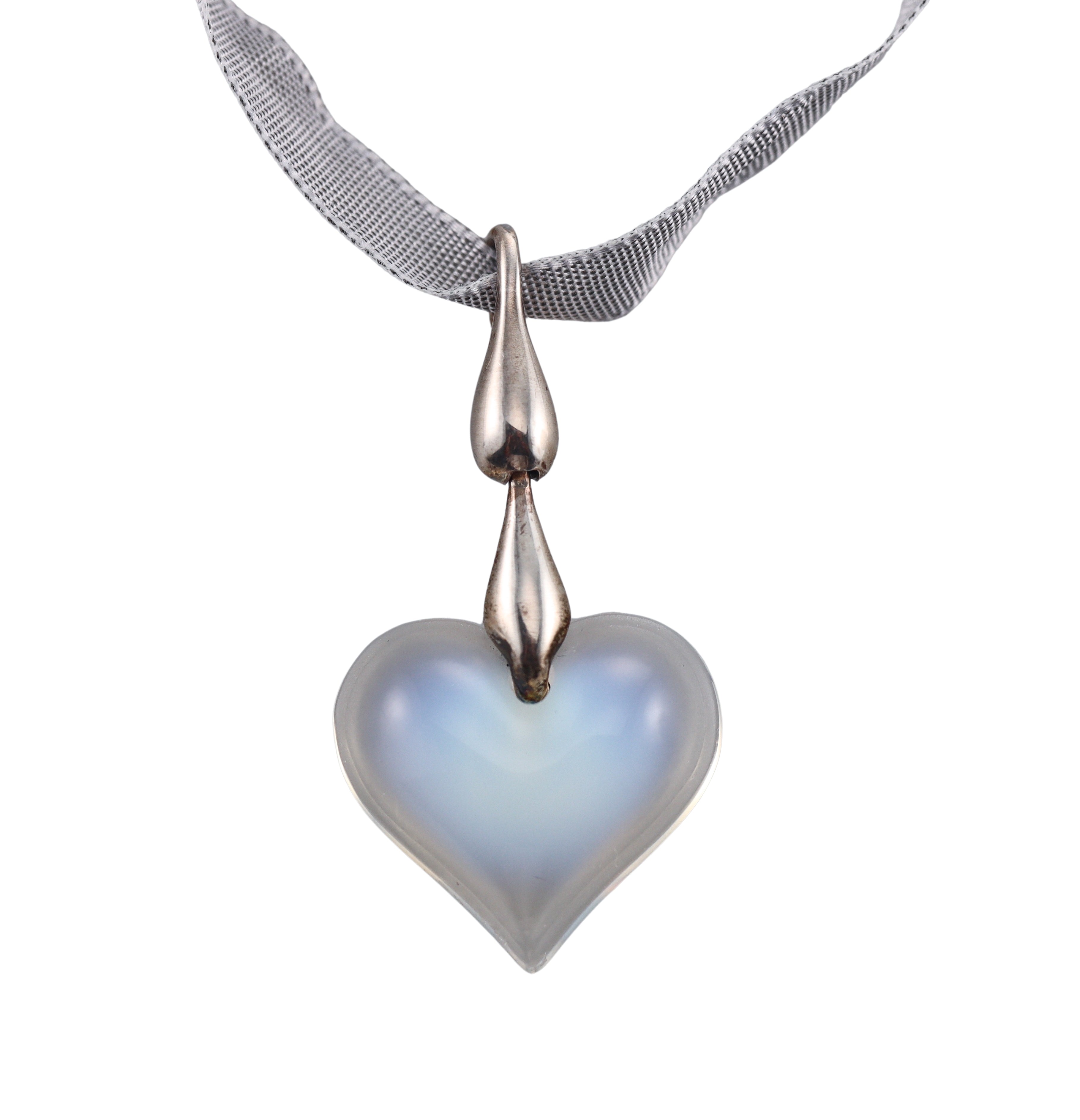 Lalique Sterling Silver Heart Crystal Pendant Cord Necklace 031721