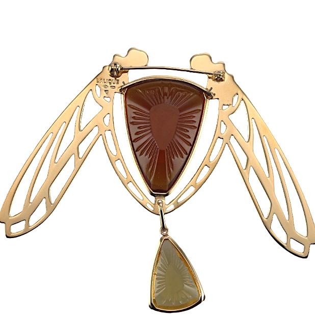 Lalique Ice Light Orange Crystal Gold Plated Silver Dragonfly Brooch 10046900