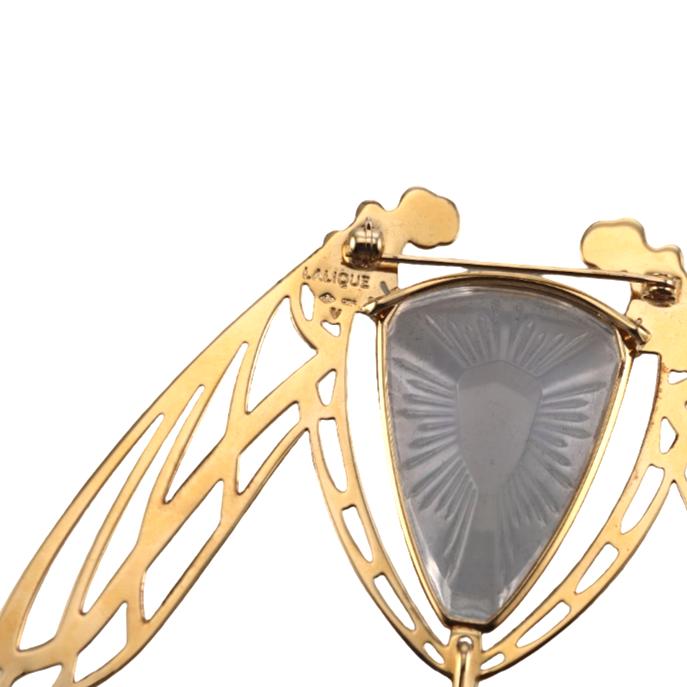 Lalique Ice Light Clear Crystal Gold Plated Silver Dragonfly Brooch 10041200