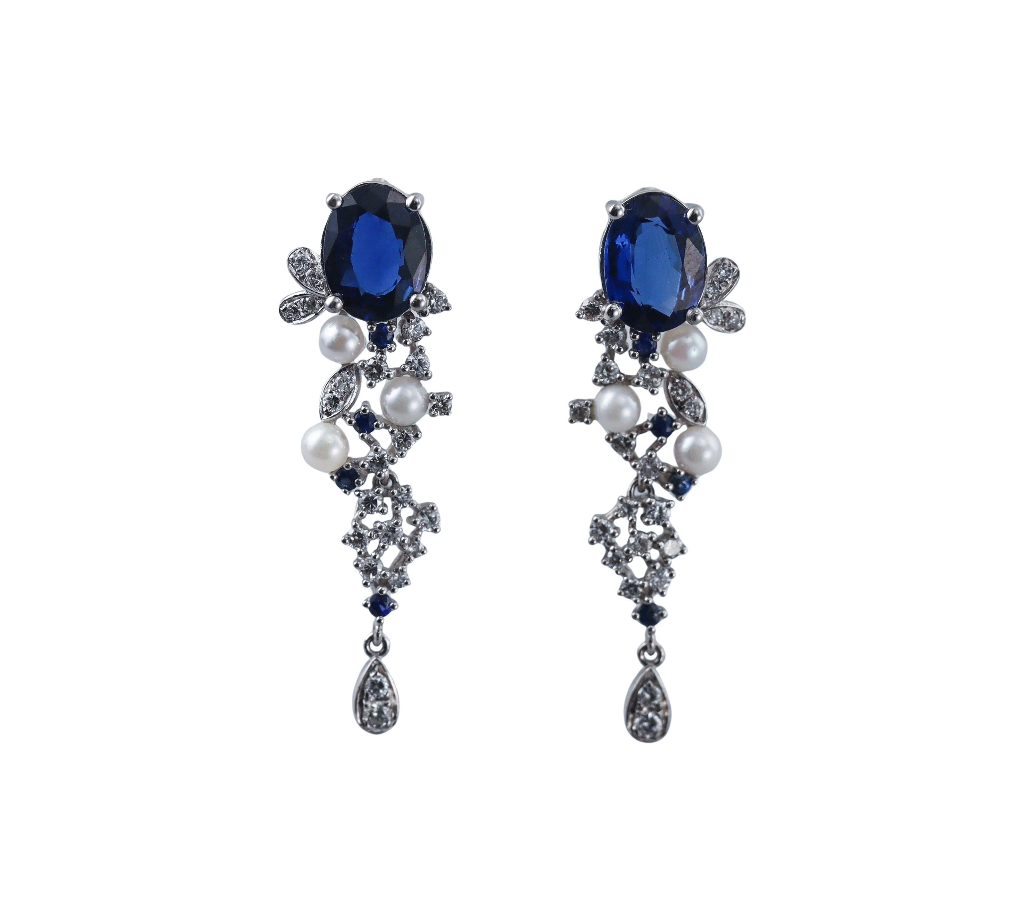 Platinum 3.24ct Sapphire Diamond Perl Earrings