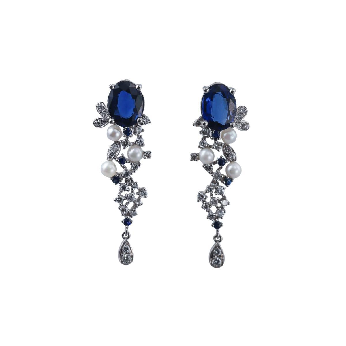 Platinum 3.24ct Sapphire Diamond Pearl Earrings