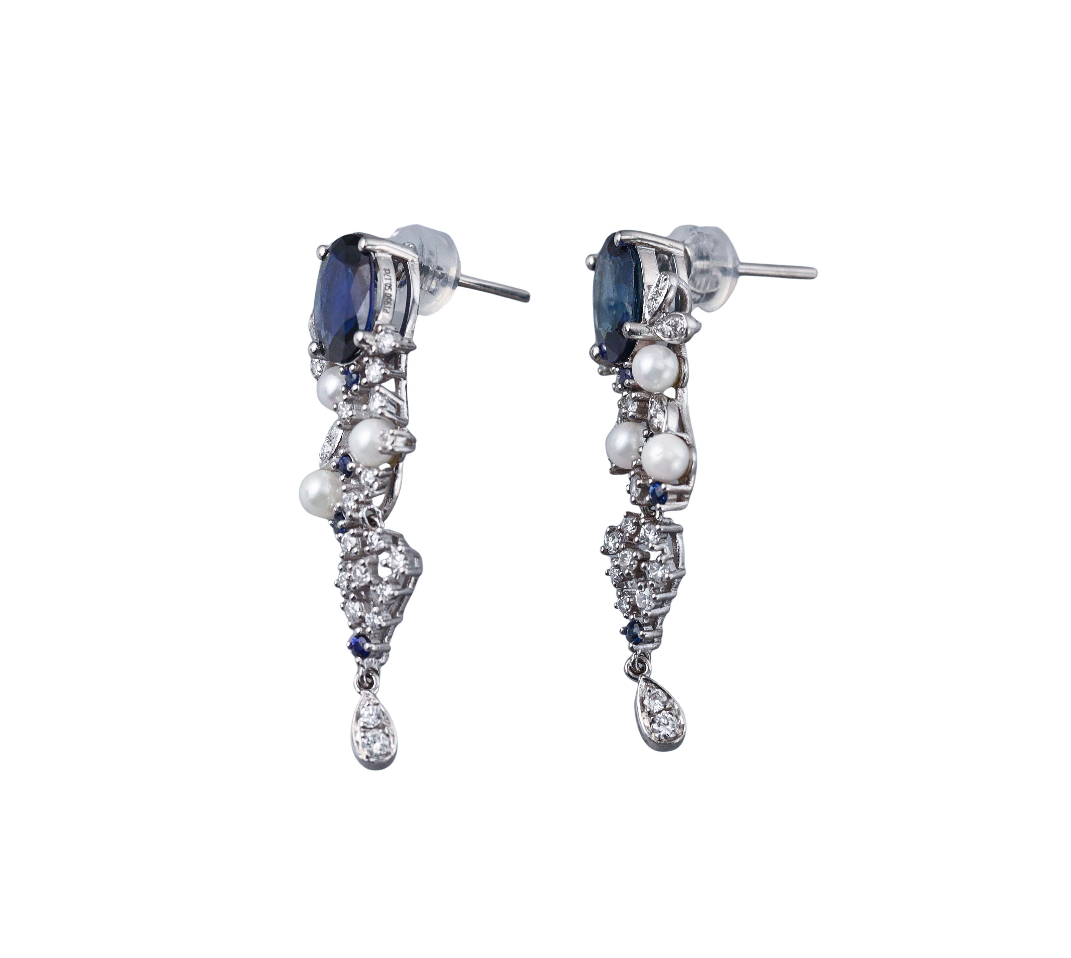 Platinum 3.24ct Sapphire Diamond Perl Earrings