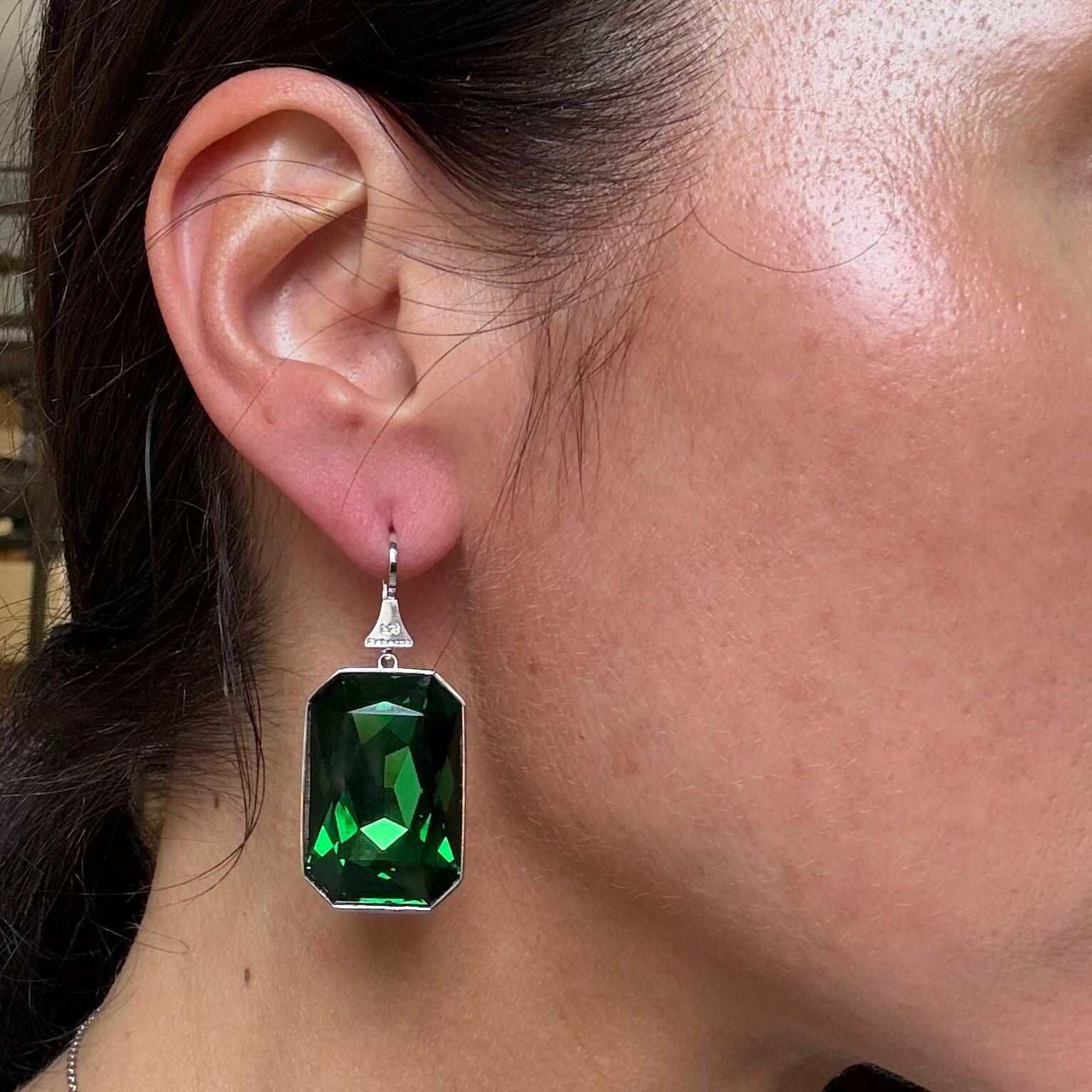 Rebecca Silver Tone Swarovski Green Crystal Drop Earrings