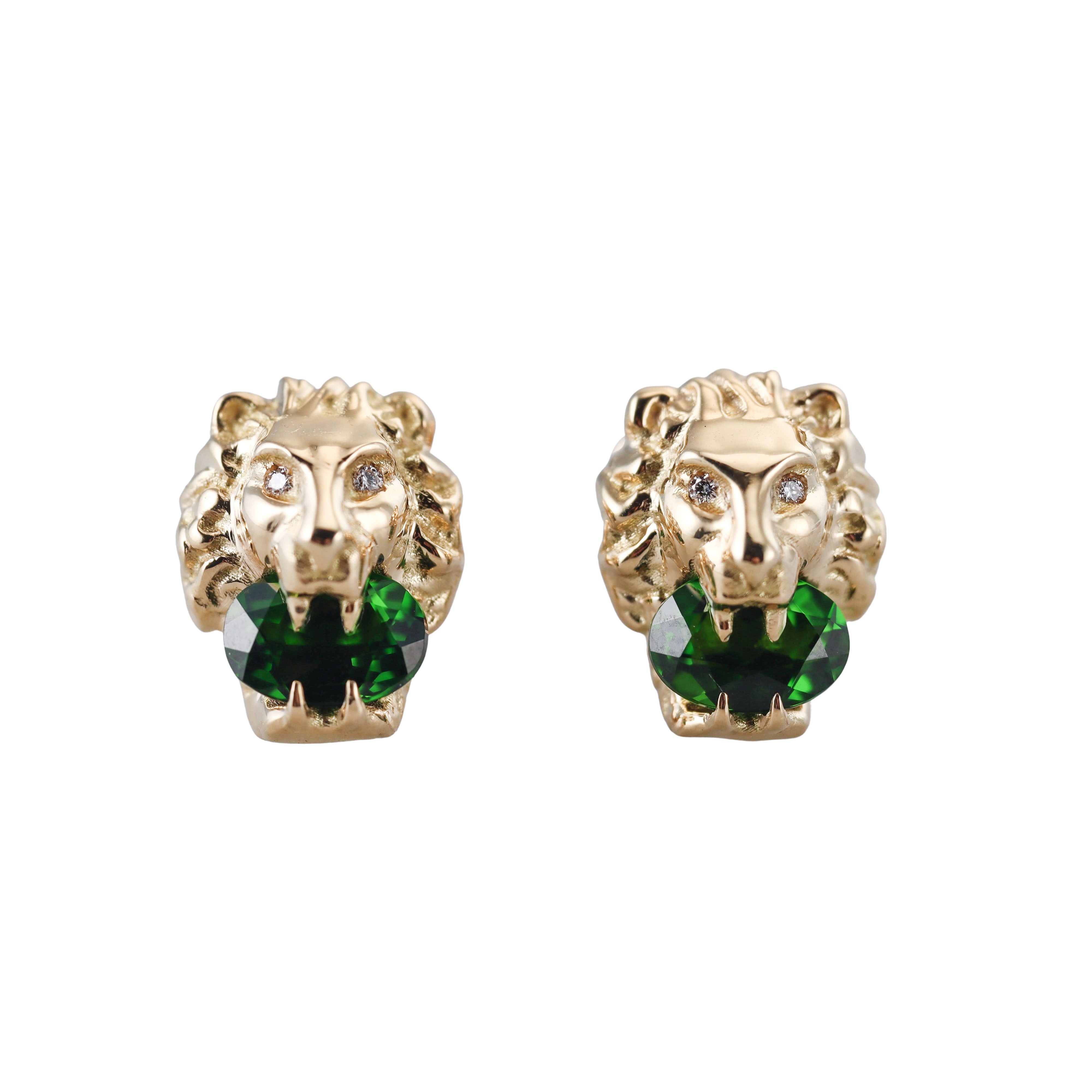 Gucci Lion Head Diopside Diamond 18k Gold Stud Earrings