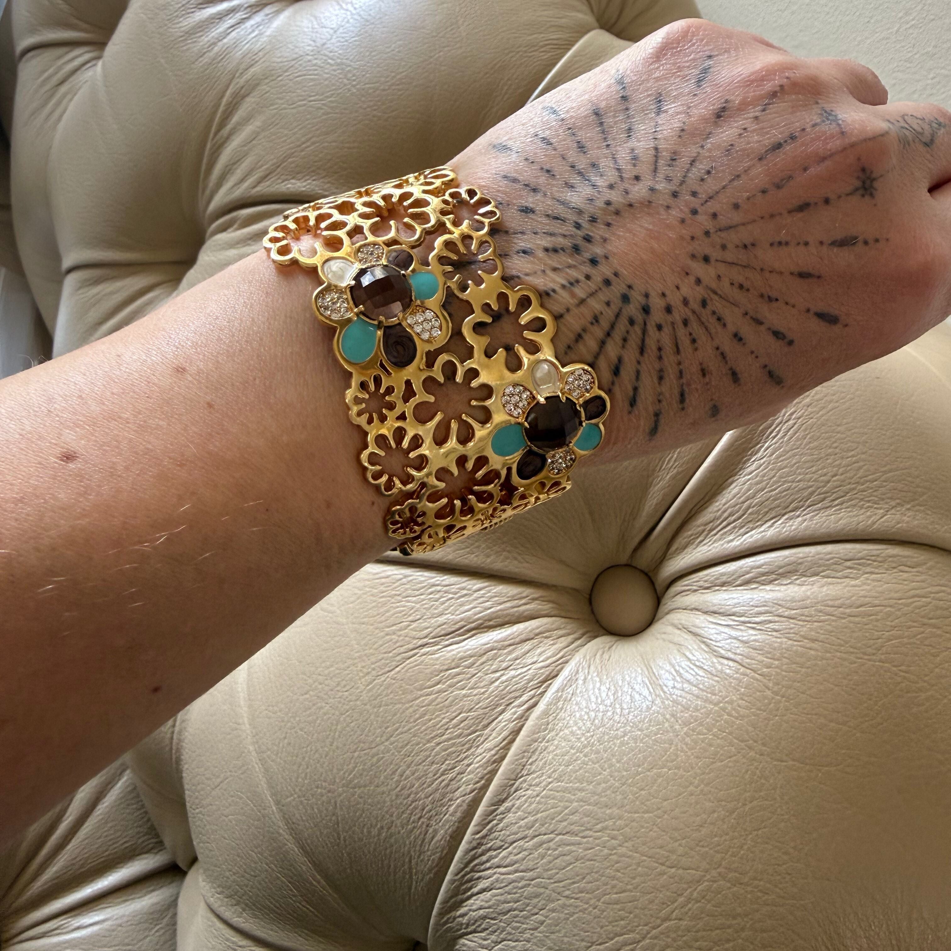 Lauren G Adams Enamel Crystal Flower Cuff Bracelet