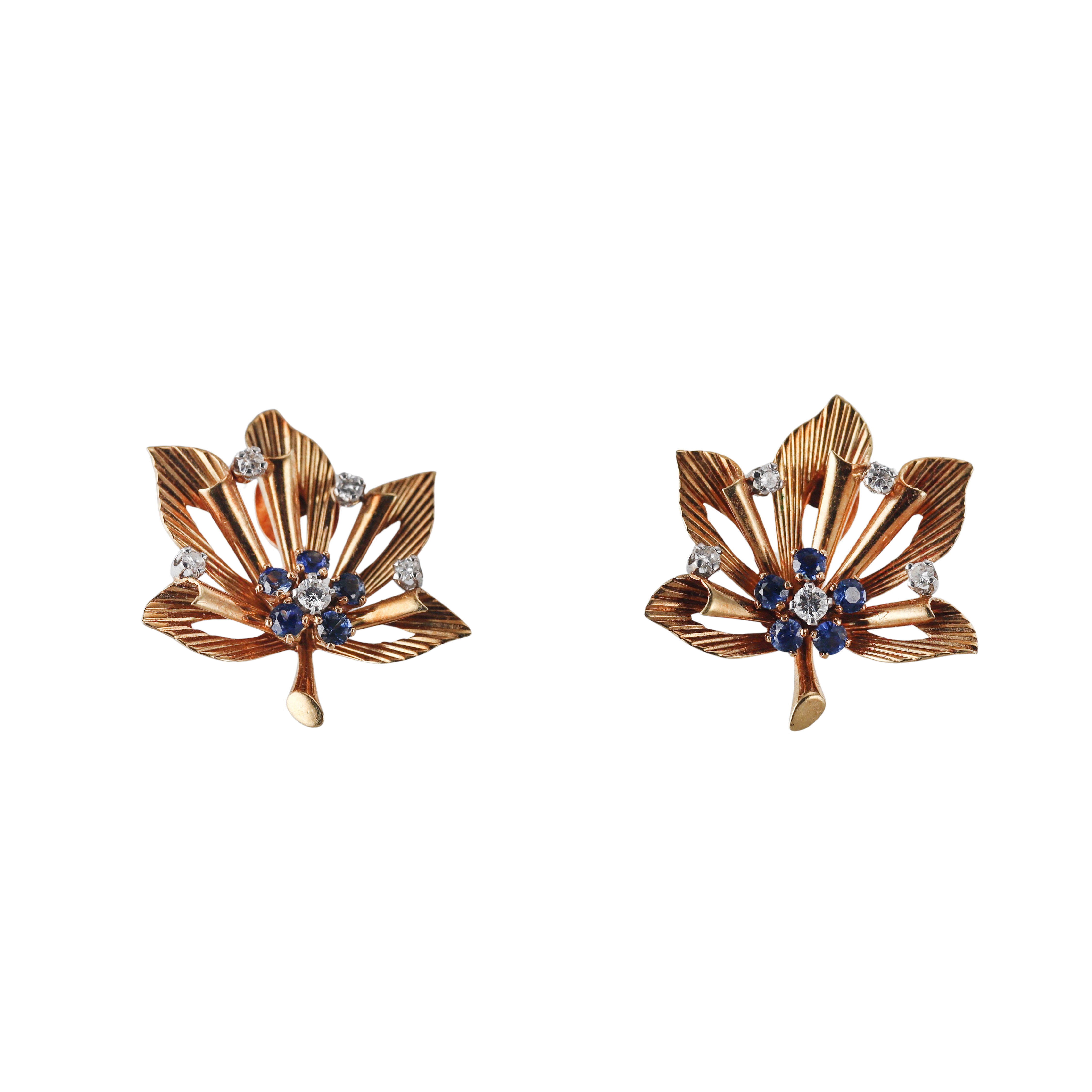 Mid Century Vintage 18k Gold Diamond Sapphire Leaf Earrings