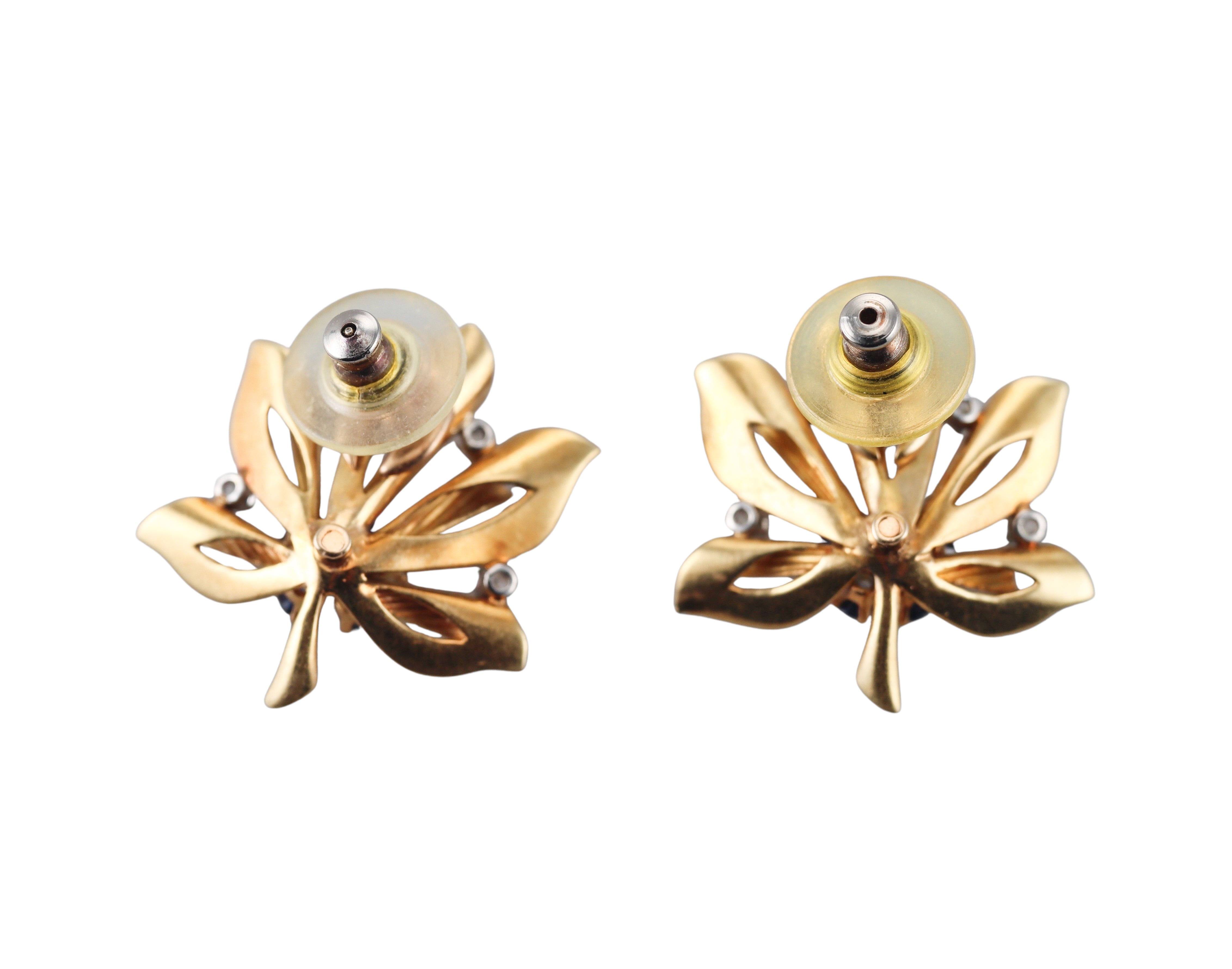 Mid Century Vintage 18k Gold Diamond Sapphire Leaf Earrings