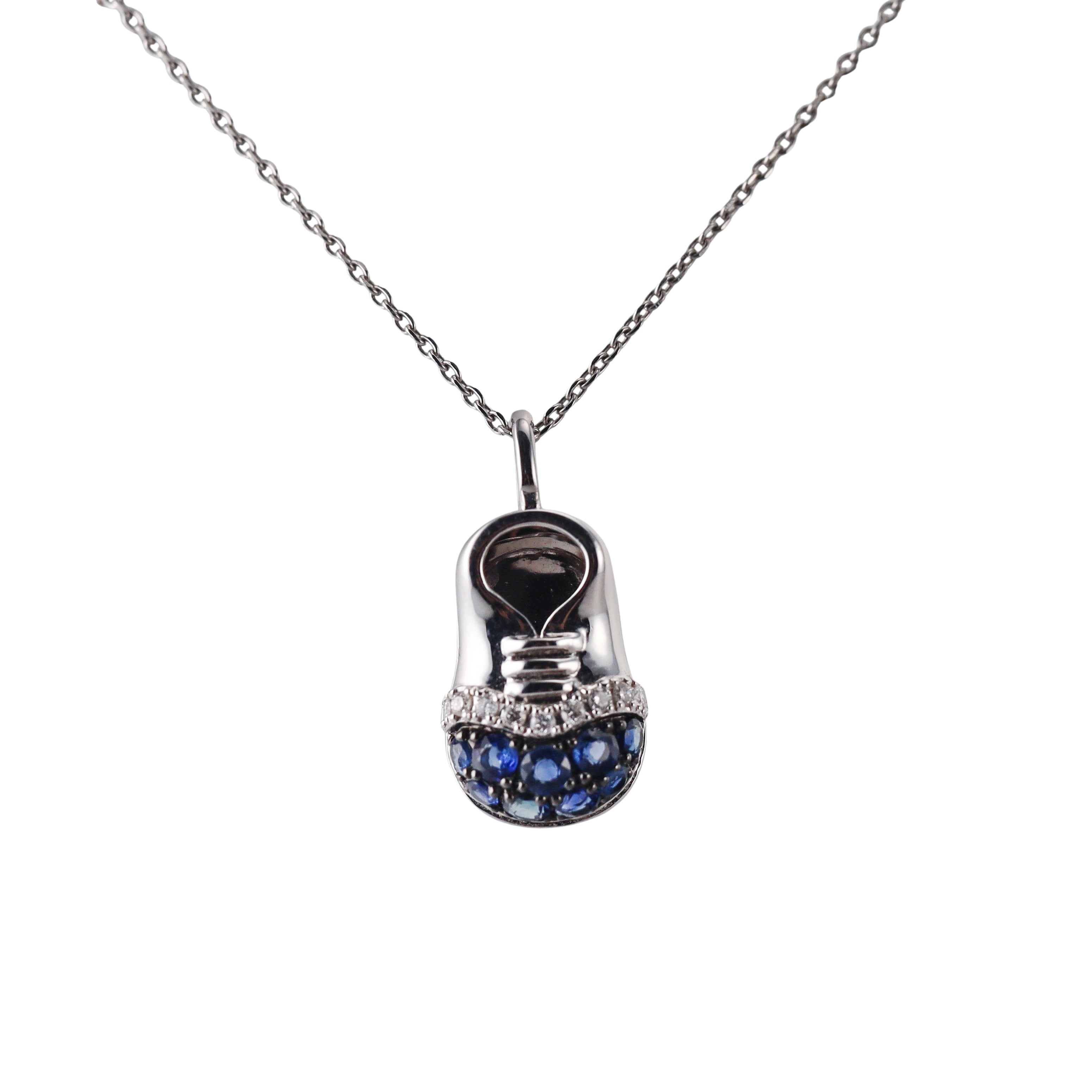 14k Gold Diamond Sapphire Baby Shoe Pendant Necklace