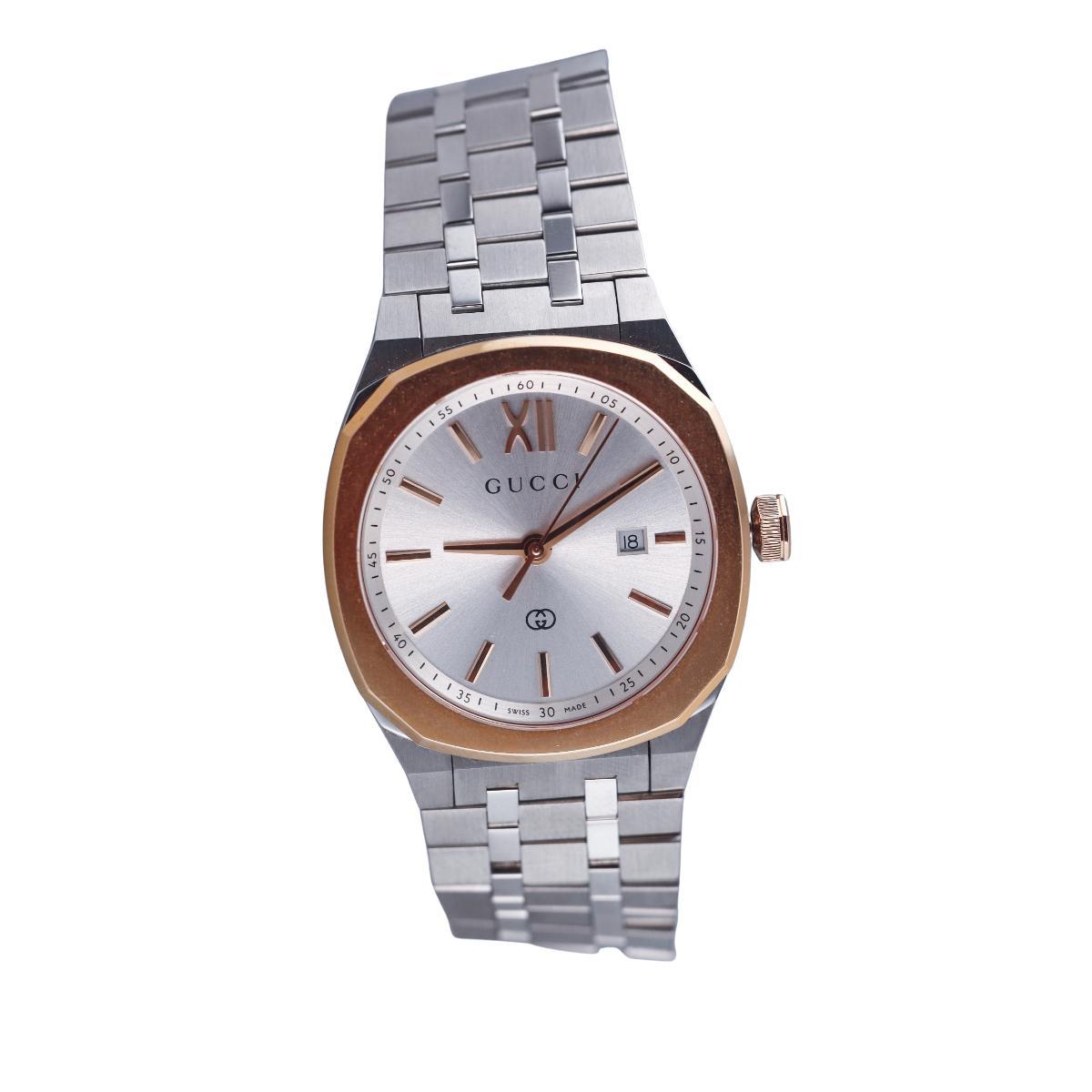Gucci 25H Silver Dial 30mm Rose Gold Bezel Two Tone Ladies Watch YA163508