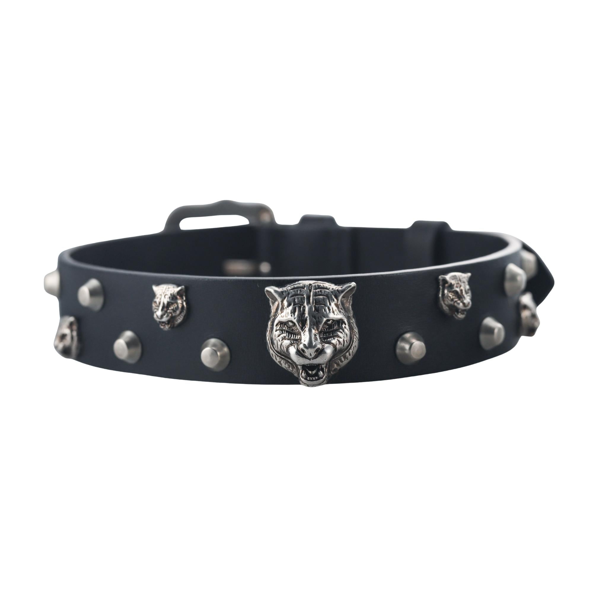 Gucci Leather Marche de Marveilles Feline Head Studded Collar Necklace