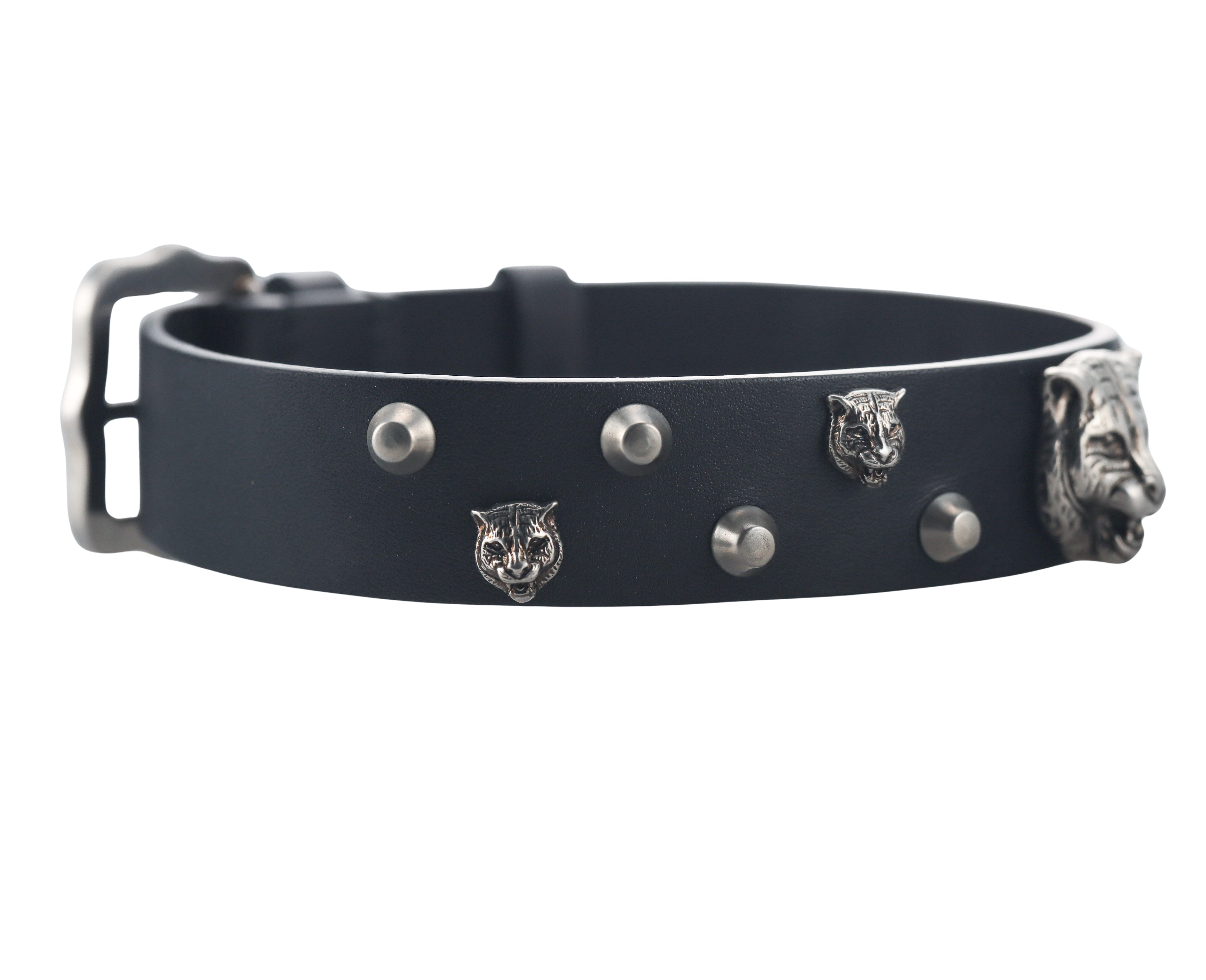 Gucci Leather Marche de Marveilles Feline Head Studded Collar Necklace