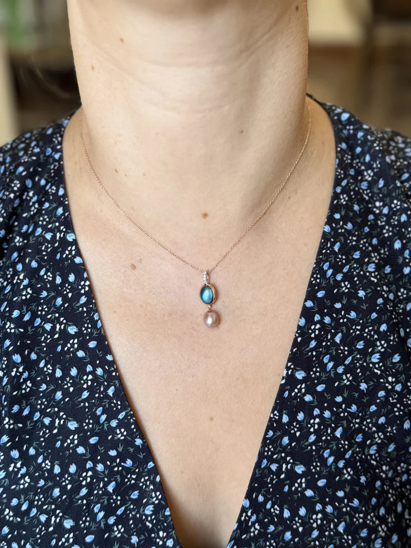 Mimi Milano Leela London Blue Topaz Diamond Pearl Gold Pendant Necklace