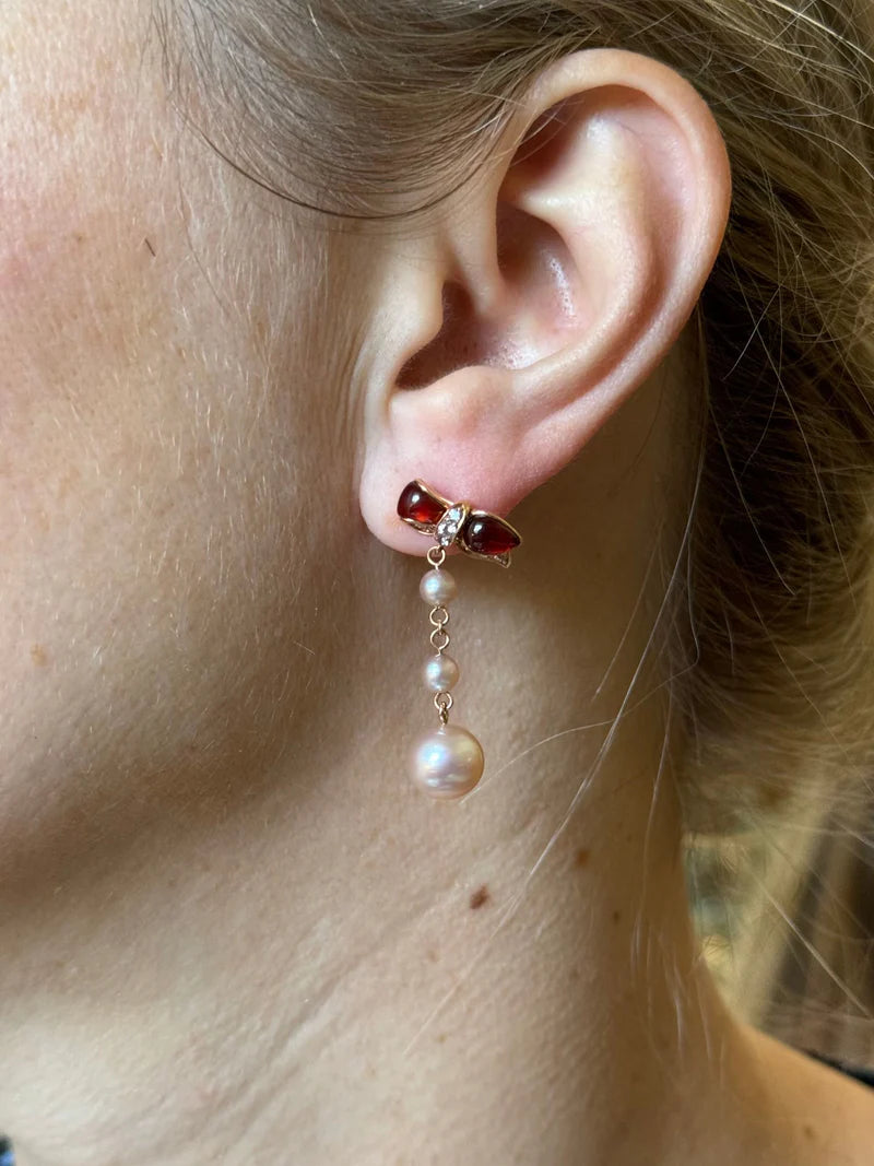 Mimi Milano Ribbon Garnet Pearl Sapphire Gold Drop Earrings