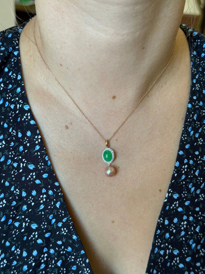 Mimi Milano  Leela Jade Pearl Diamond Gold Pendant Necklace