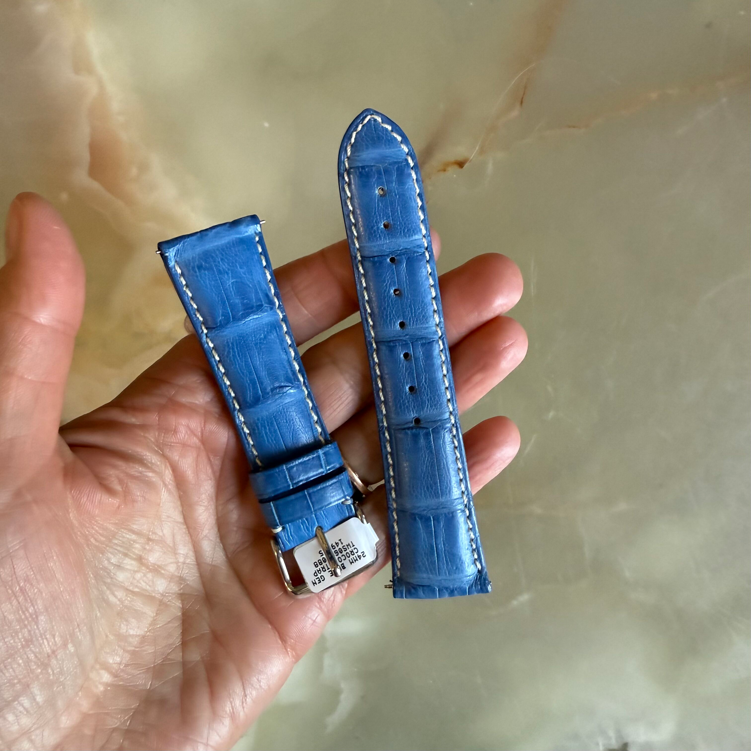 Genuine Crocodile Blue Watch Strap Band 24mm Padded & Stitched w Buckle