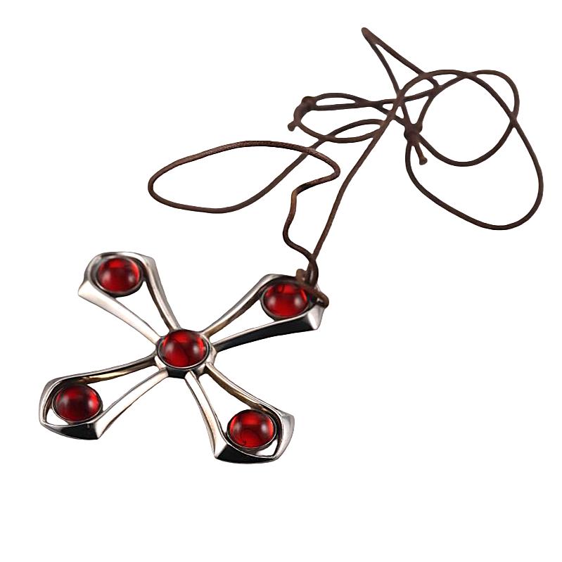Lalique Red Crystal Sterling Silver Cross Pendant Cord Necklace 7738200