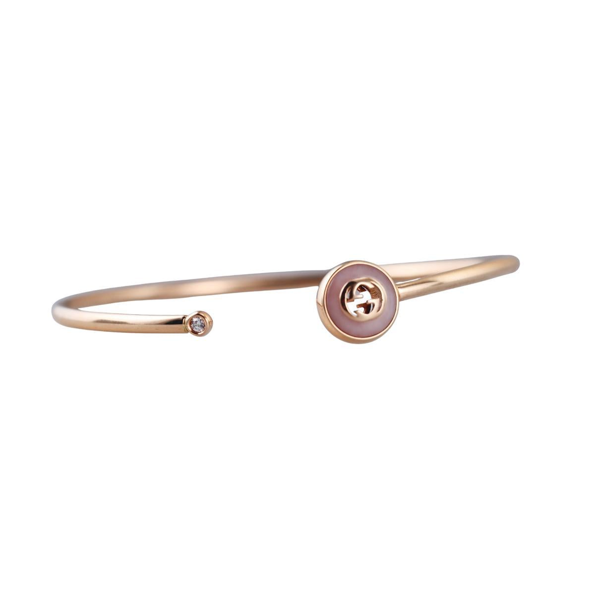 Gucci Interlocking G 18K Gold Diamond Pink Opal Bracelet Size 16