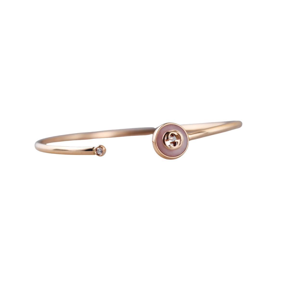 Gucci Interlocking G 18K Gold Diamond Pink Opal Bracelet Size 16