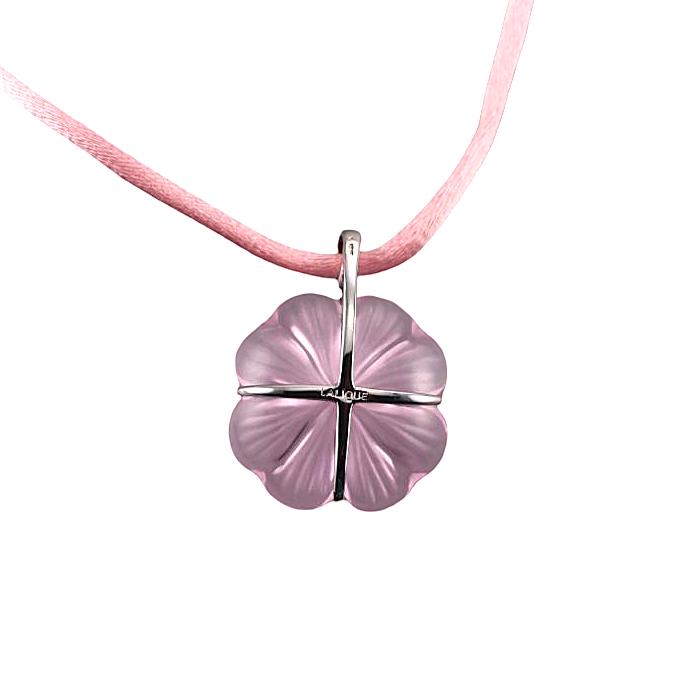 Lalique Bonheur Four Leaf Clover Pink Crystal Sterling Pendant Necklace 6705300