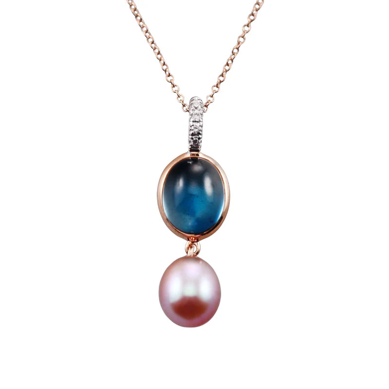 Mimi Milano Leela London Blue Topaz Diamond Pearl Gold Pendant Necklace