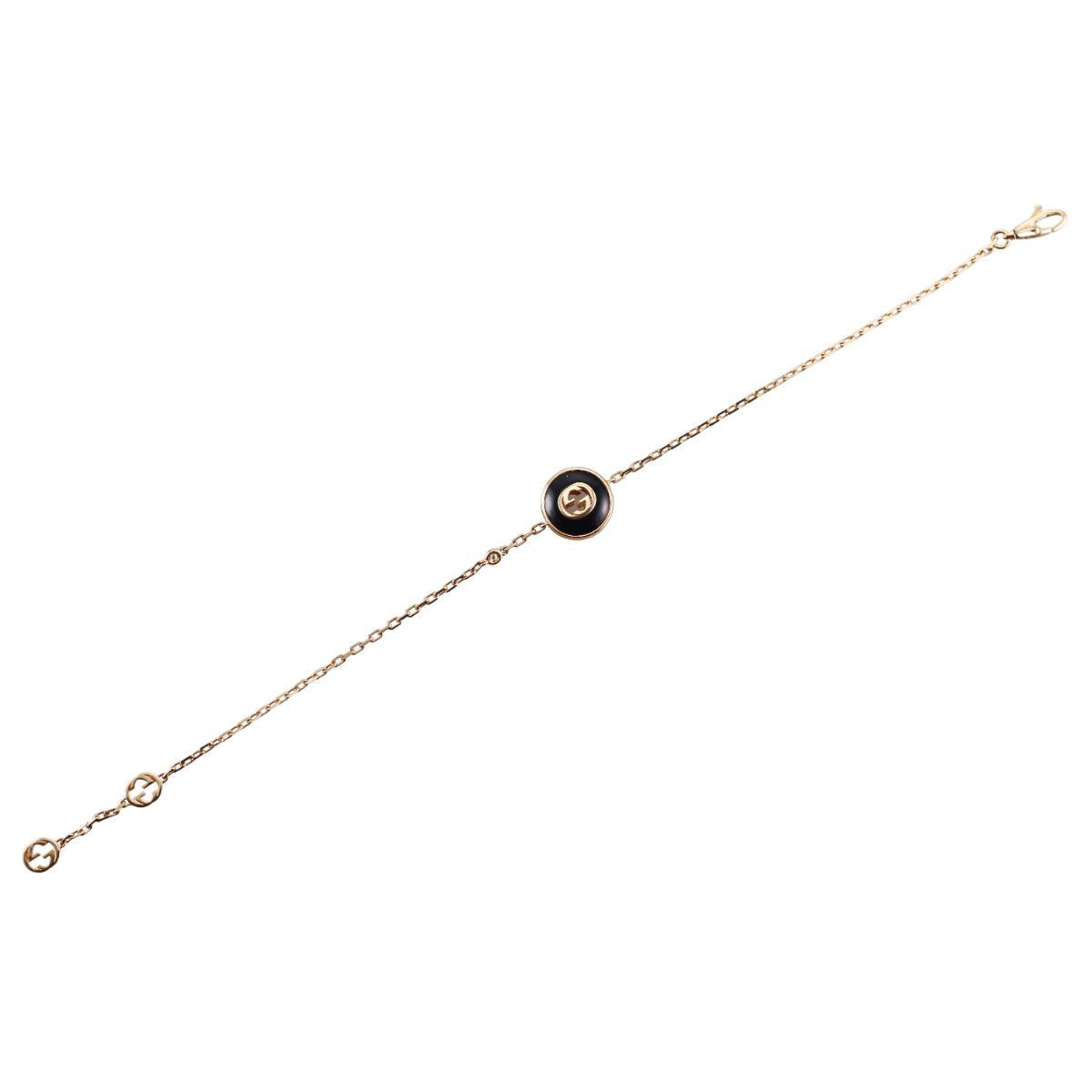 Gucci Interlocking G 18K Gold Diamond Black Onyx Bracelet Size 17