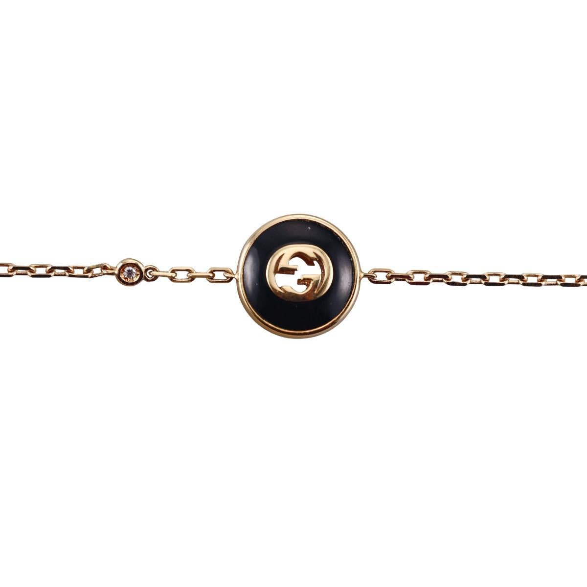 Gucci Interlocking G 18K Gold Diamond Black Onyx Bracelet Size 17
