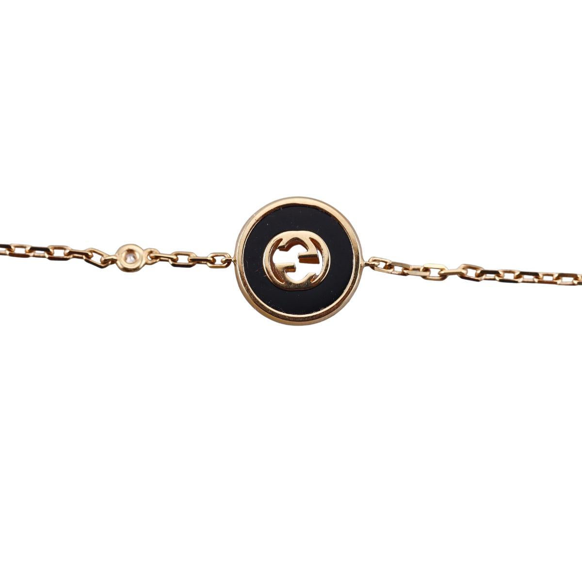 Gucci Interlocking G 18K Gold Diamond Black Onyx Bracelet Size 17