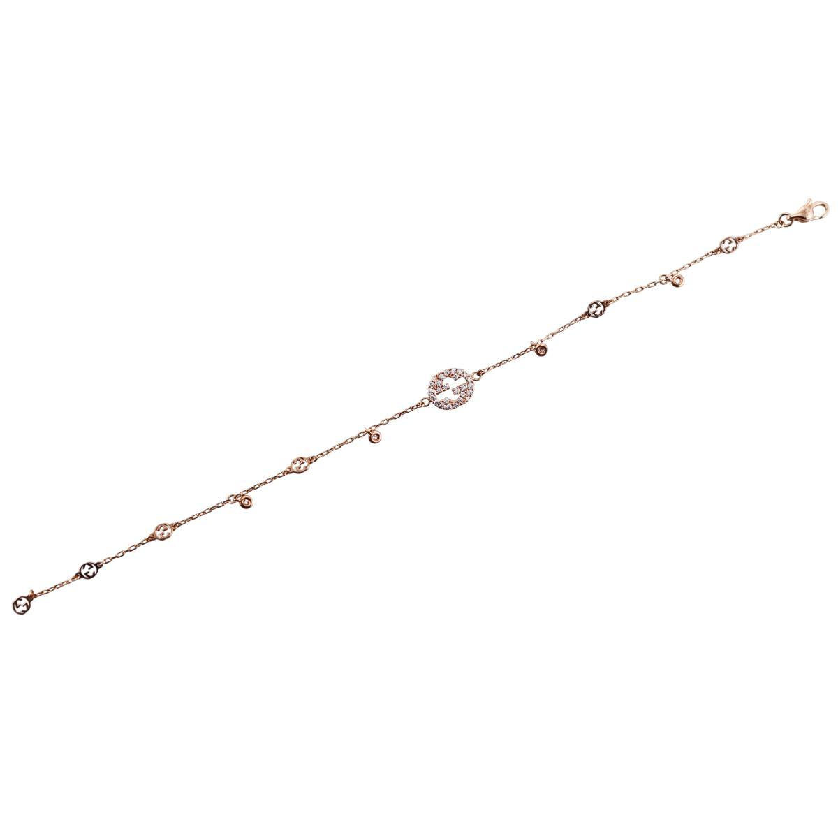 Gucci Interlocking G 18K Gold Diamond Charm Bracelet Size 17