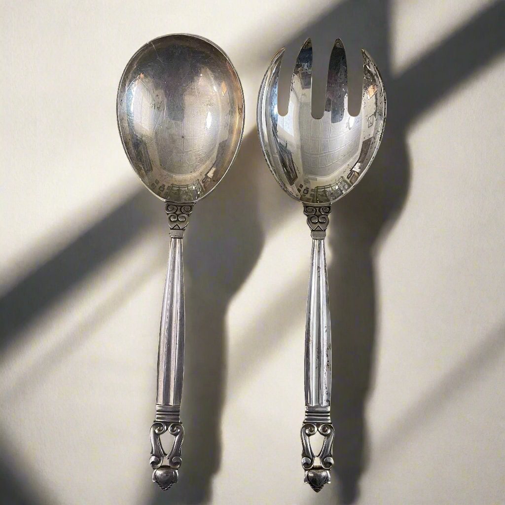 Georg Jensen Acorn Sterling  Salad Set Spoon Fork Set