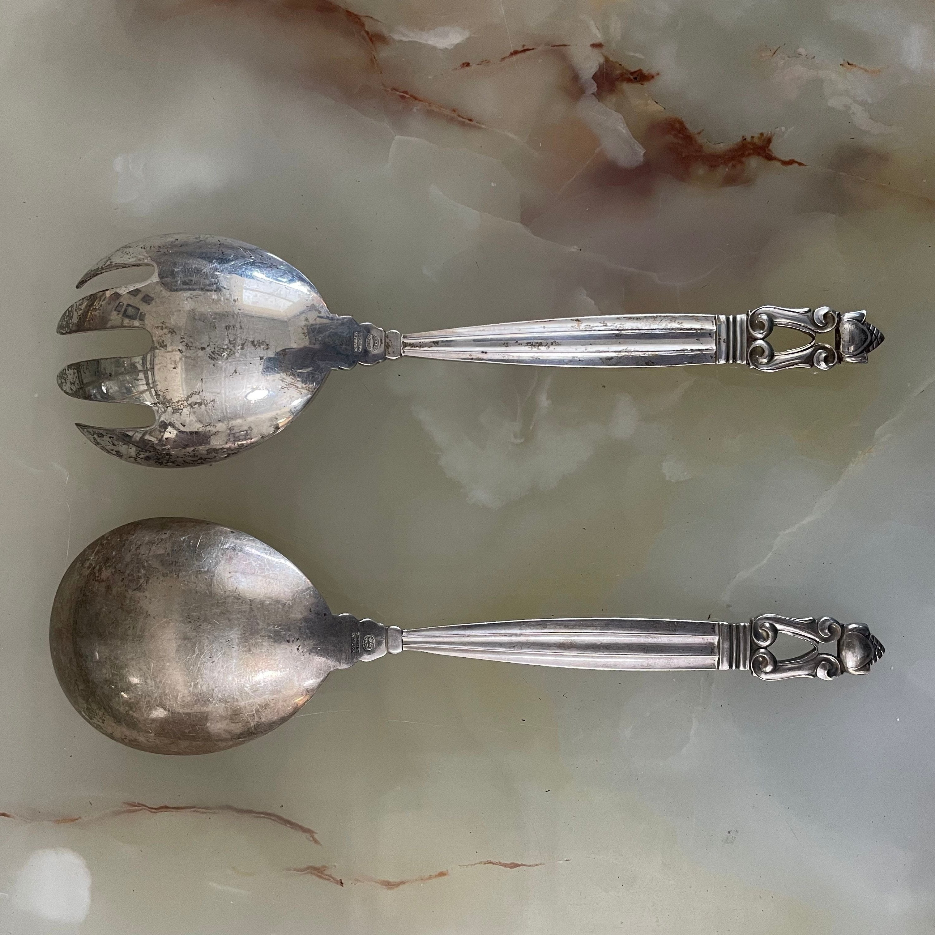 Georg Jensen Acorn Sterling  Salad Set Spoon Fork Set