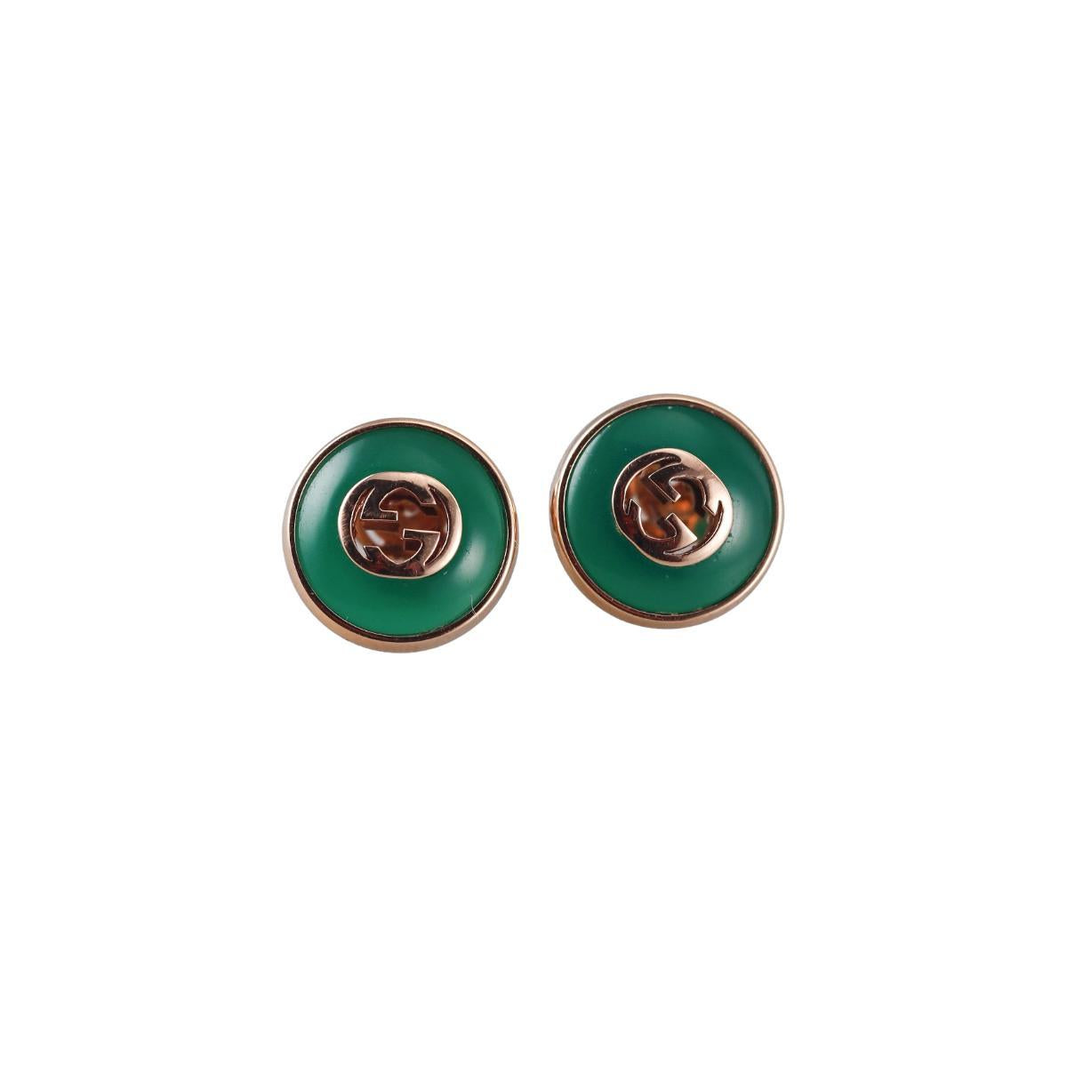 Gucci Interlocking G 18K Gold Green Agate Stud Earrings