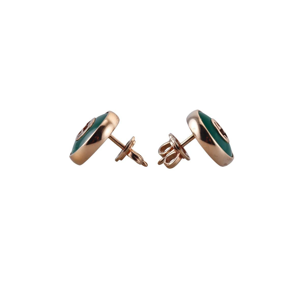 Gucci Interlocking G 18K Gold Green Agate Stud Earrings