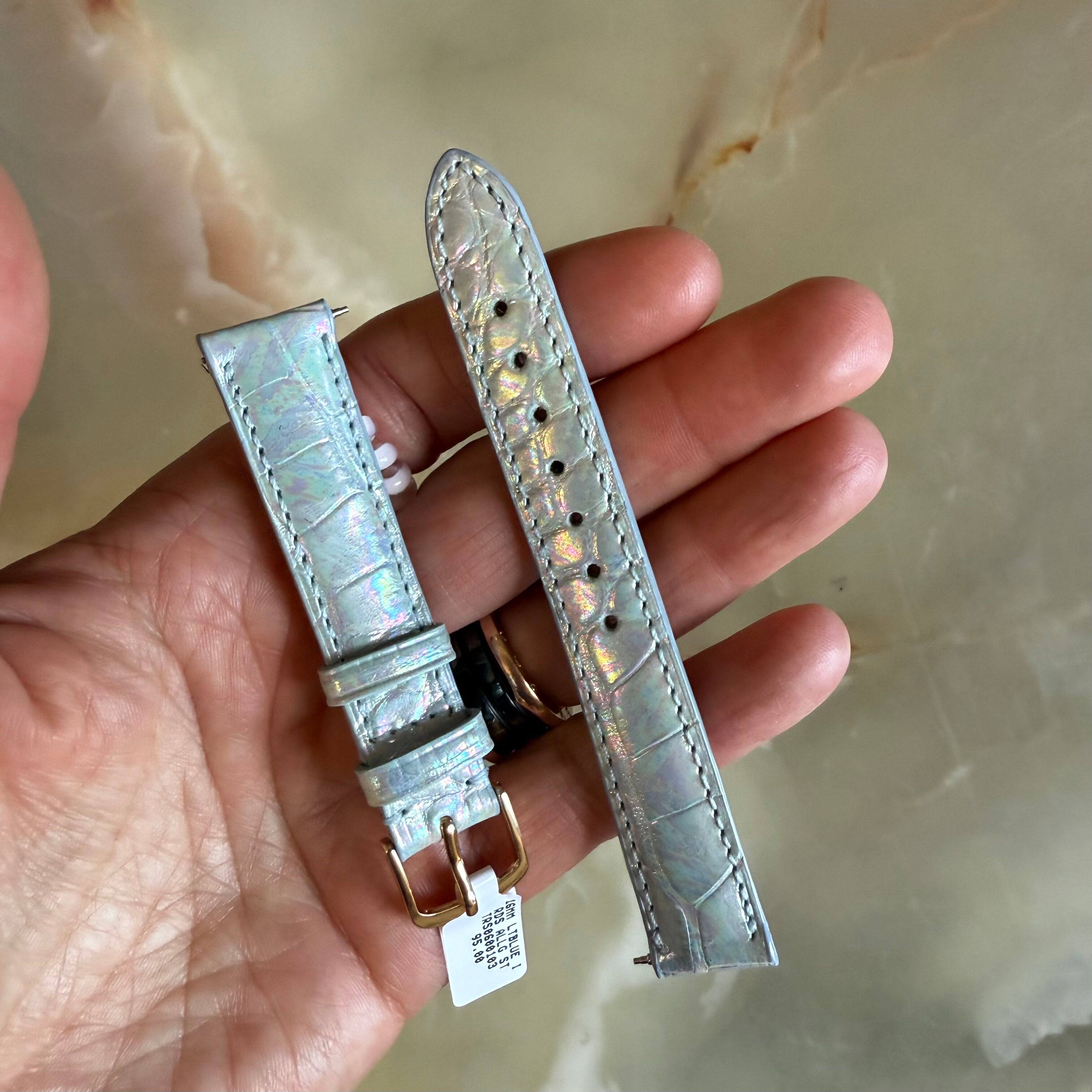Genuine Alligator Pearly Blue Watch Strap Band 16mm Padded & Stitched w Buckle