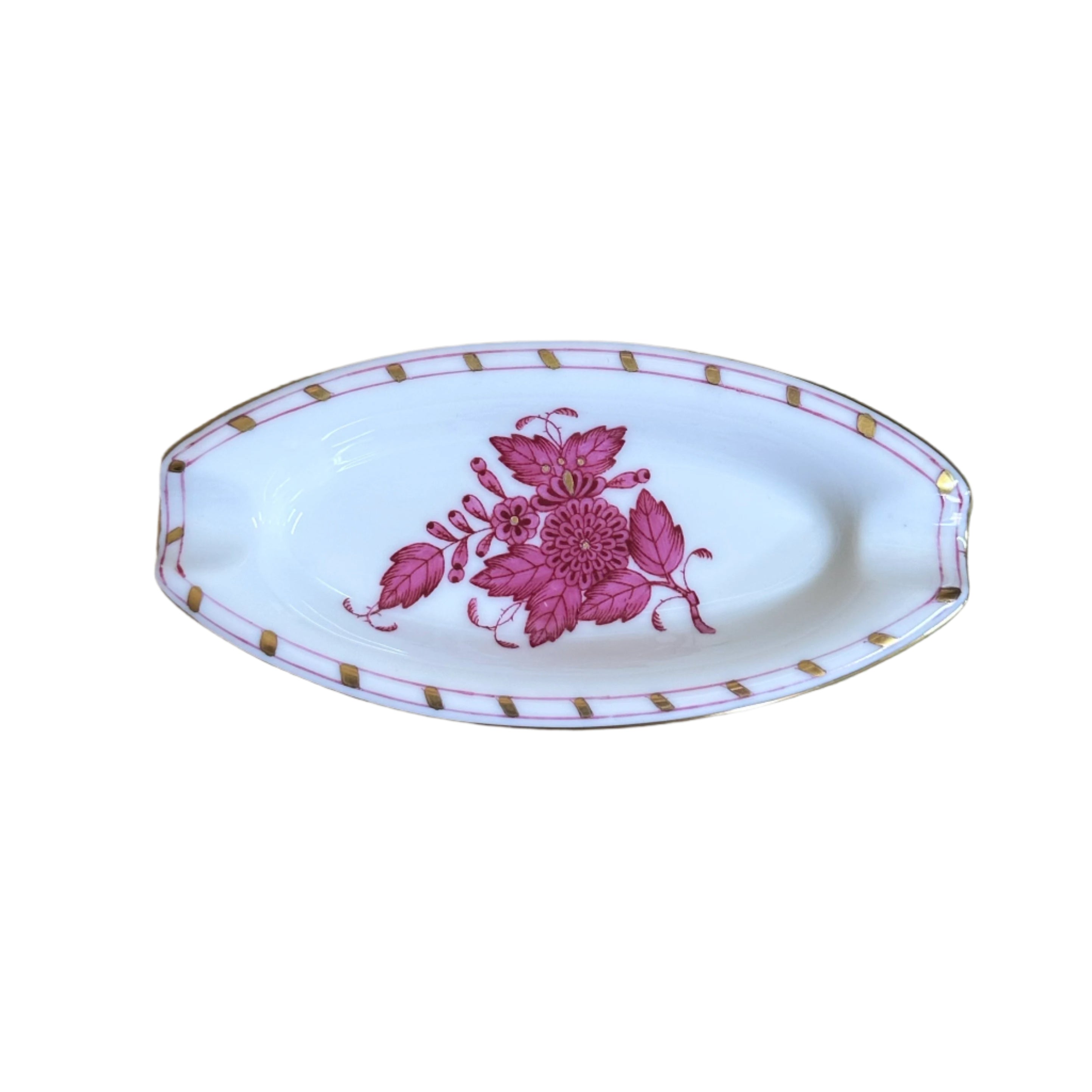 Herend Hungary Chinese Bouquet Gold and Raspberry Oval Ashtray Pin Tray Dish 7709AP