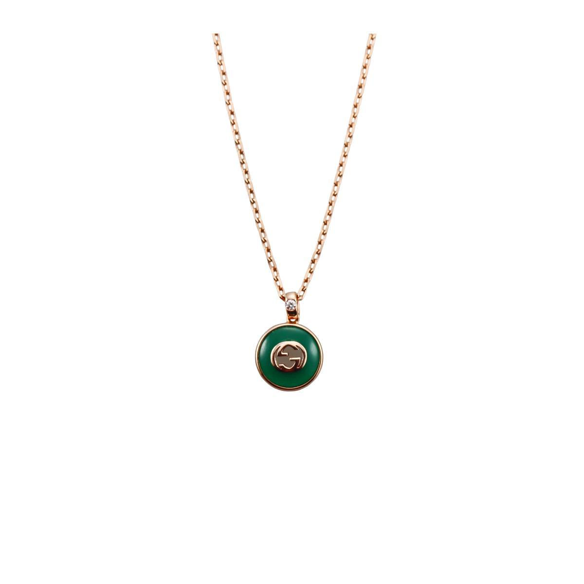 Gucci Interlocking G 18K Gold Diamond Green Agate Pendant Necklace